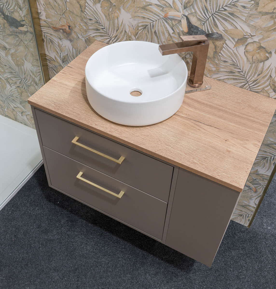 Granlusso Serenity Wall Hung Vanity Unit With Oak Worktop and Open Shelves