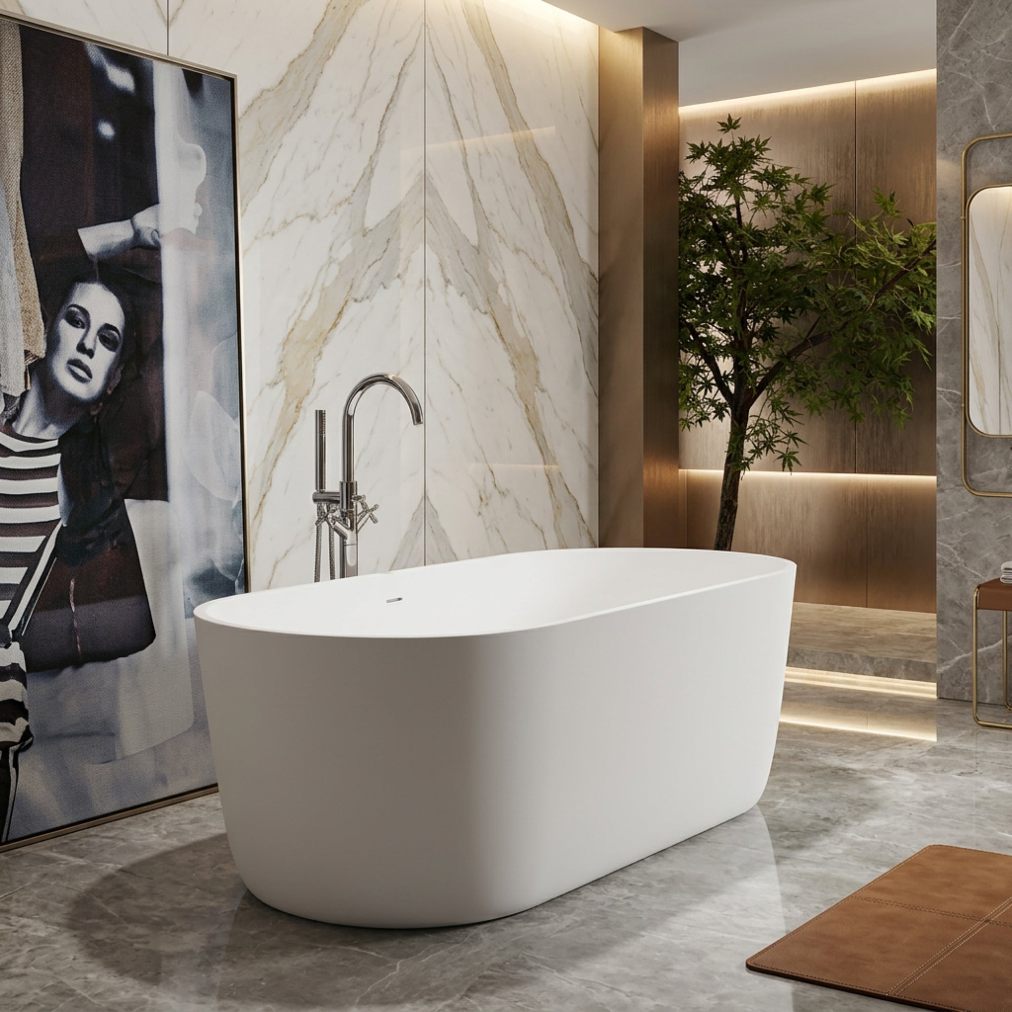 A modern freestanding oval bathtub in a luxury bathroom