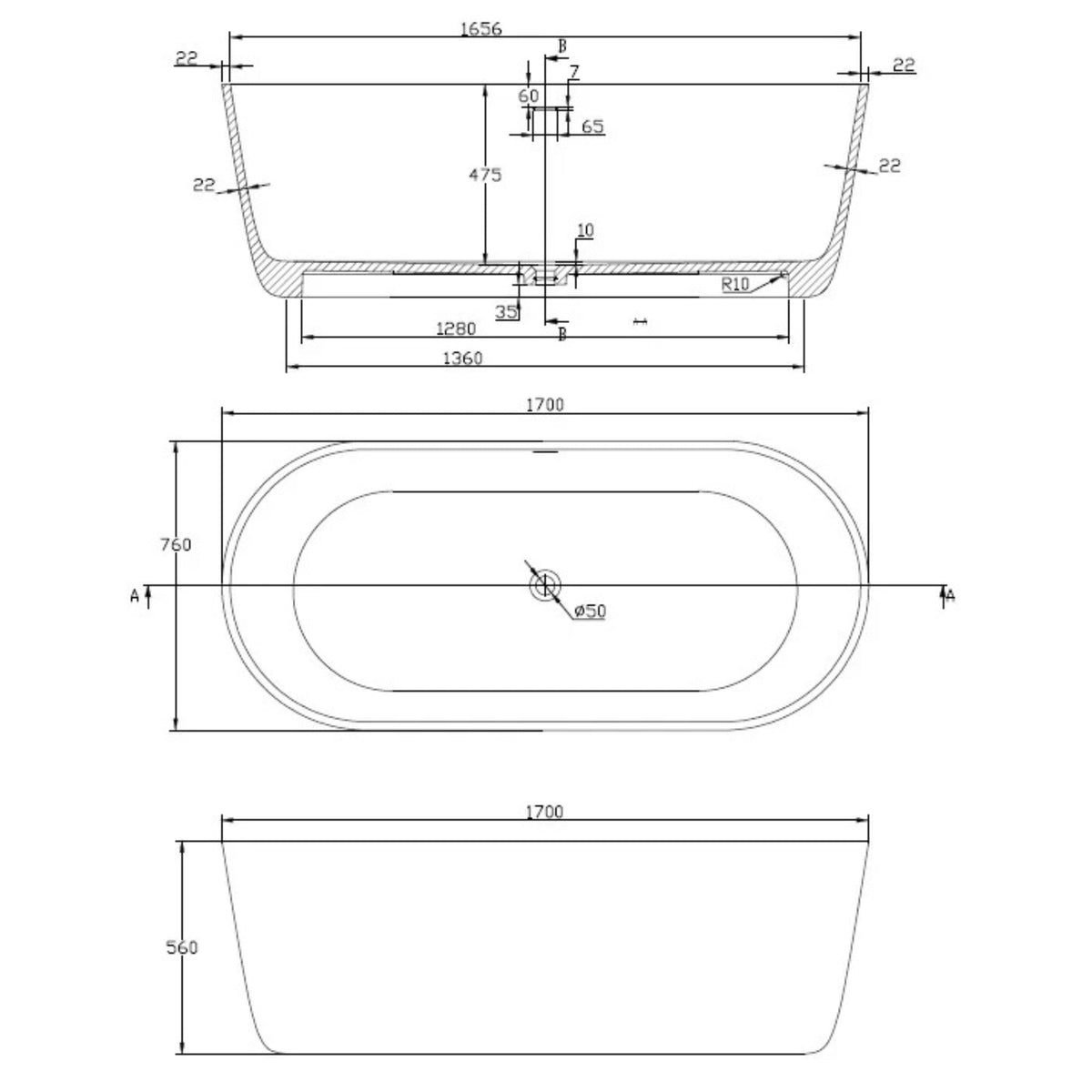Technical dimension drawing of a bathtub with front, top, and side profile measurements and label