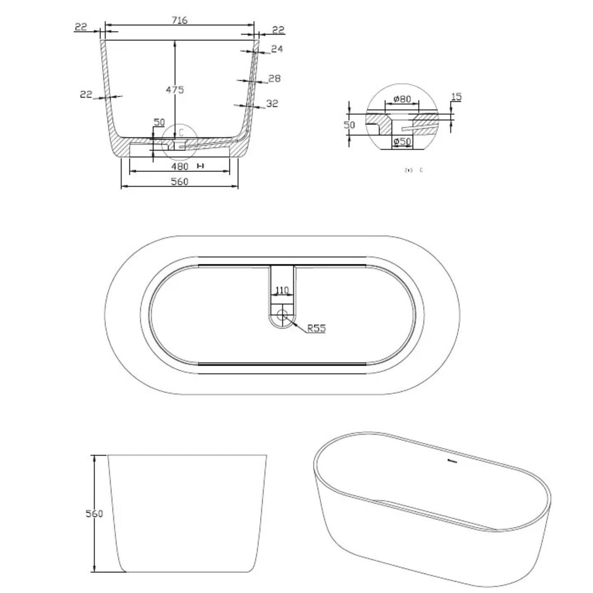 Technical line drawing of an oval bathtub with multiple dimensioned views, including cross-section, top view, side profile, and front three-quarter