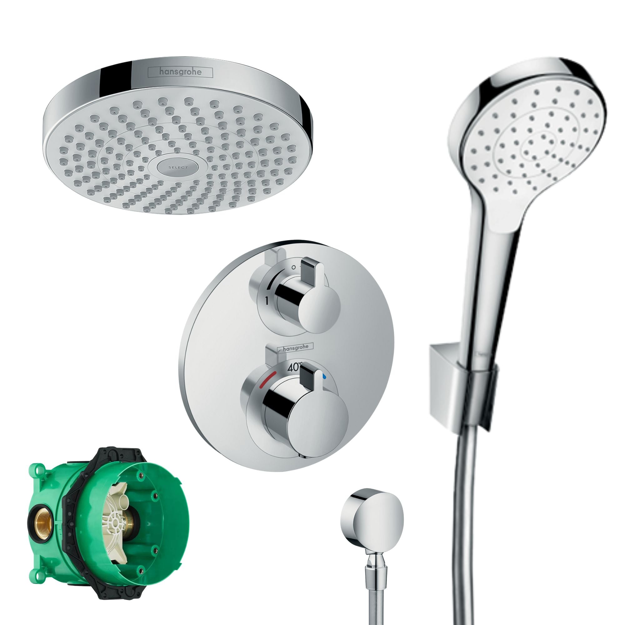 Hansgrohe Round 2 Outlet Thermostatic Shower Valve With Croma 180 Overhead and Handset - Chrome
