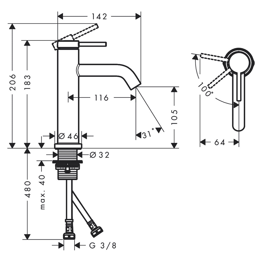 Hansgrohe Tecturis S 110 CoolStart Basin Mixer Tap Without Waste
