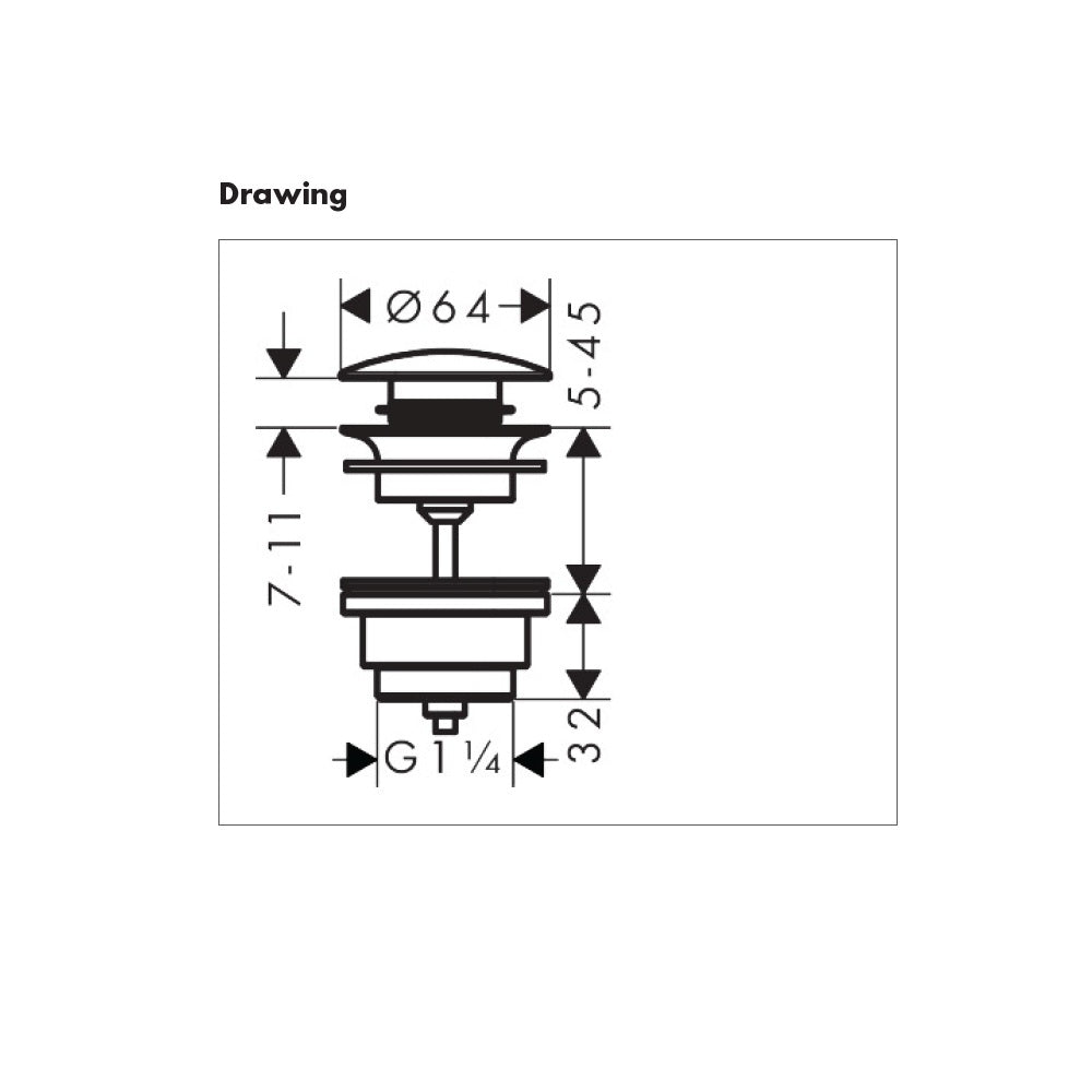 Dimensions diagram for the Axor Waste Set Brass Push-Open for Basin and Bidet Mixer, supplied by Deluxe Bathrooms.