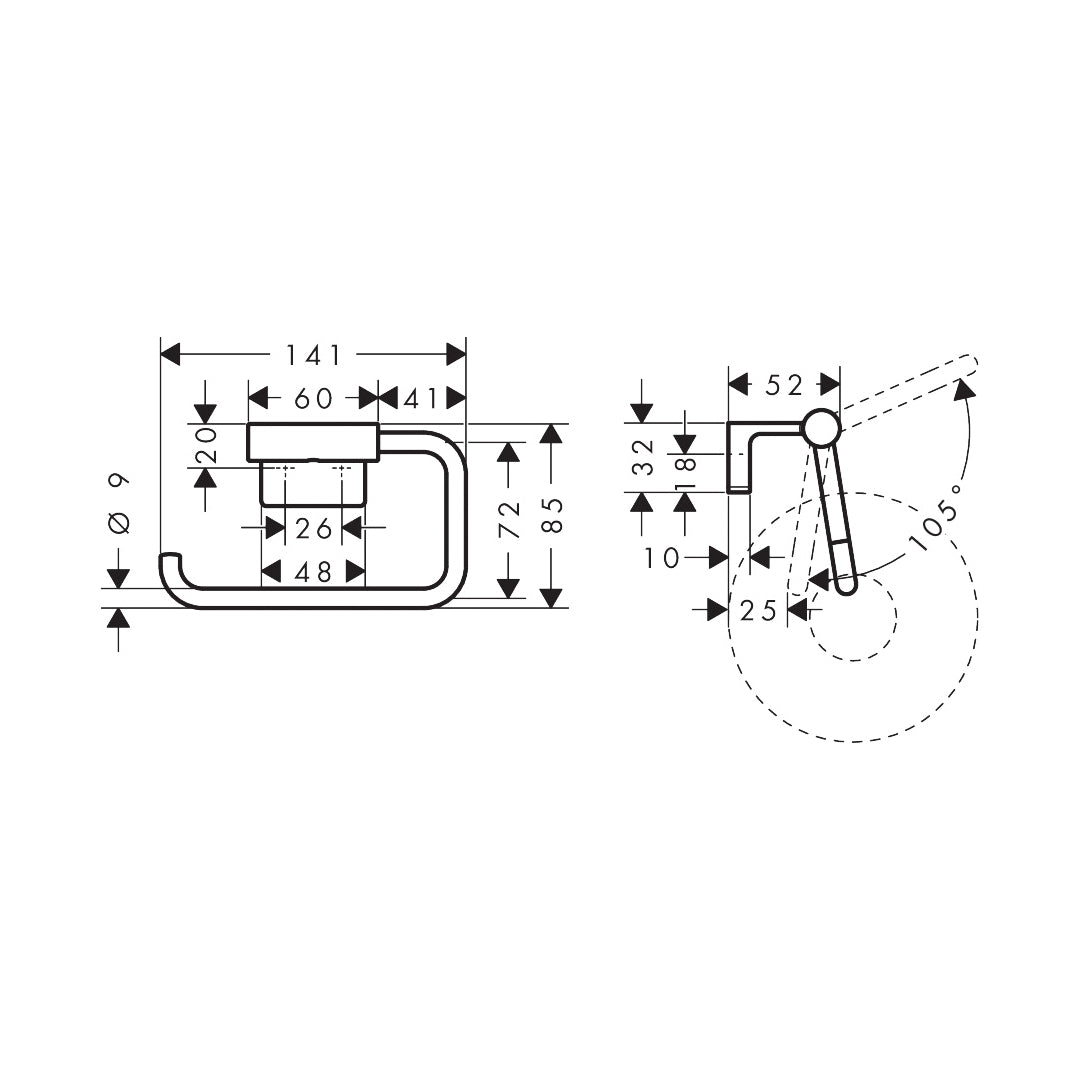 Dimensions diagram of the Hansgrohe AddStoris S Toilet Roll Holder, supplied by Deluxe Bathrooms.