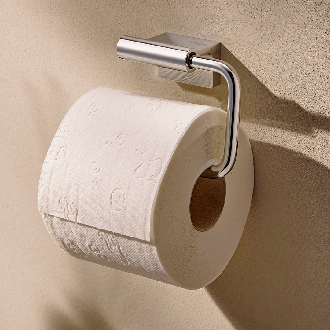 Photo of a toilet roll in the Hansgrohe AddStoris S Toilet Roll Holder, supplied by Deluxe Bathrooms.