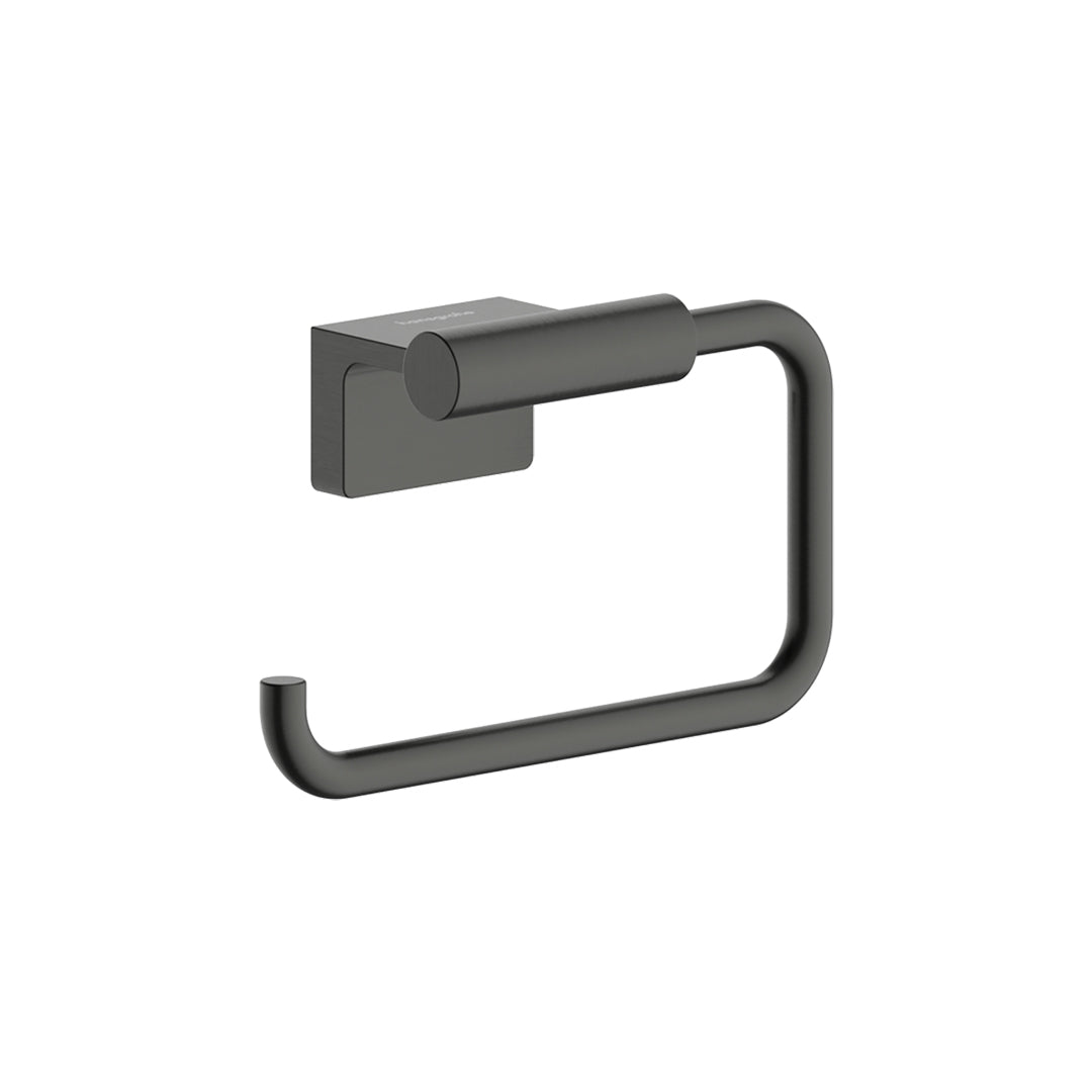 Hansgrohe AddStoris S Toilet Roll Holder in brushed black chrome finish, supplied by Deluxe Bathrooms.