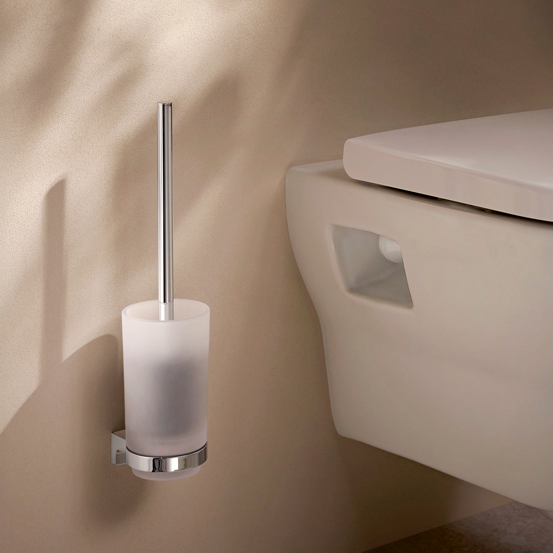 Lifestyle photo of the Hansgrohe AddStoris S Toilet Brush Holder in chrome finish, supplied by Deluxe Bathrooms.
