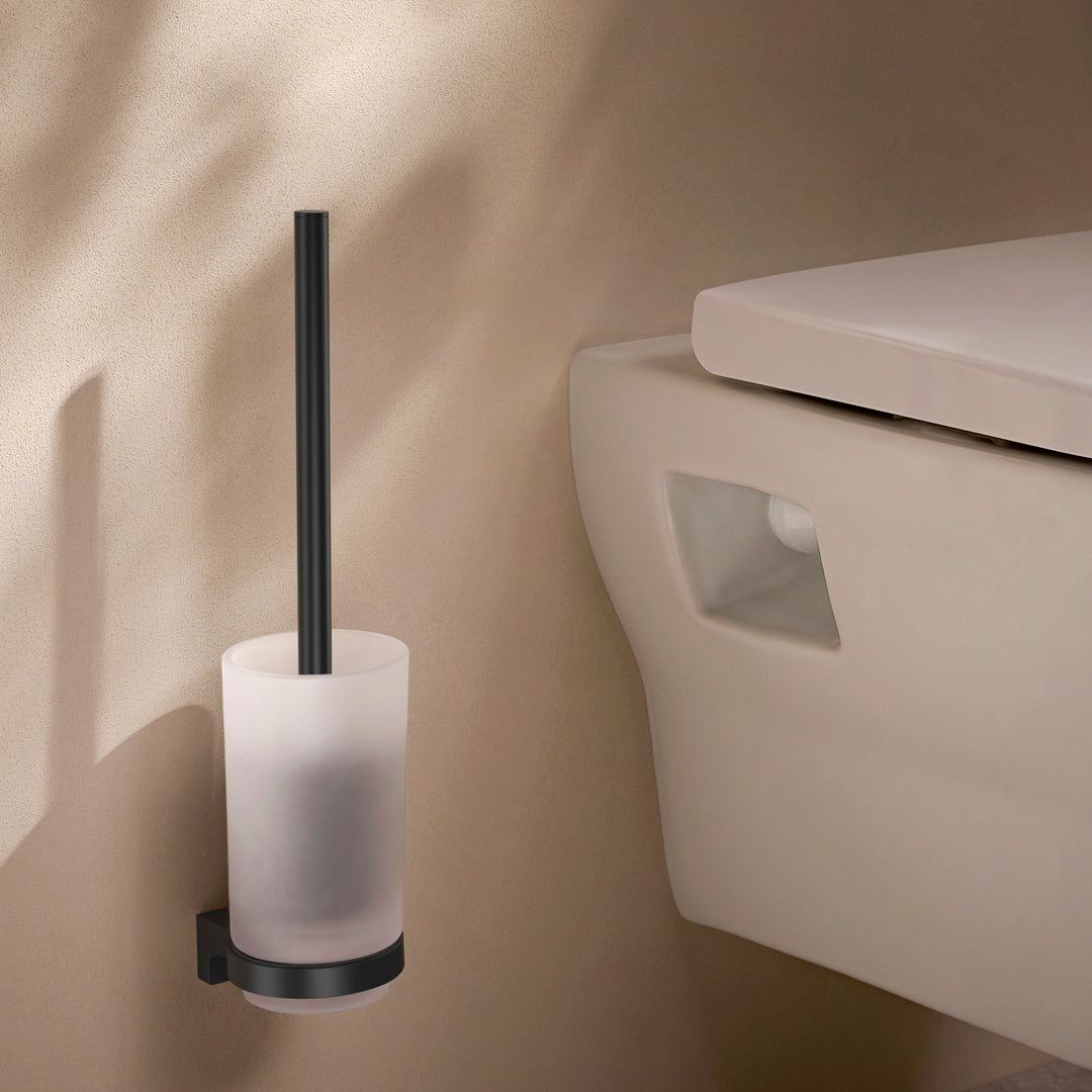 Lifestyle photo of the Hansgrohe AddStoris S Toilet Brush Holder in matt black finish, supplied by Deluxe Bathrooms.