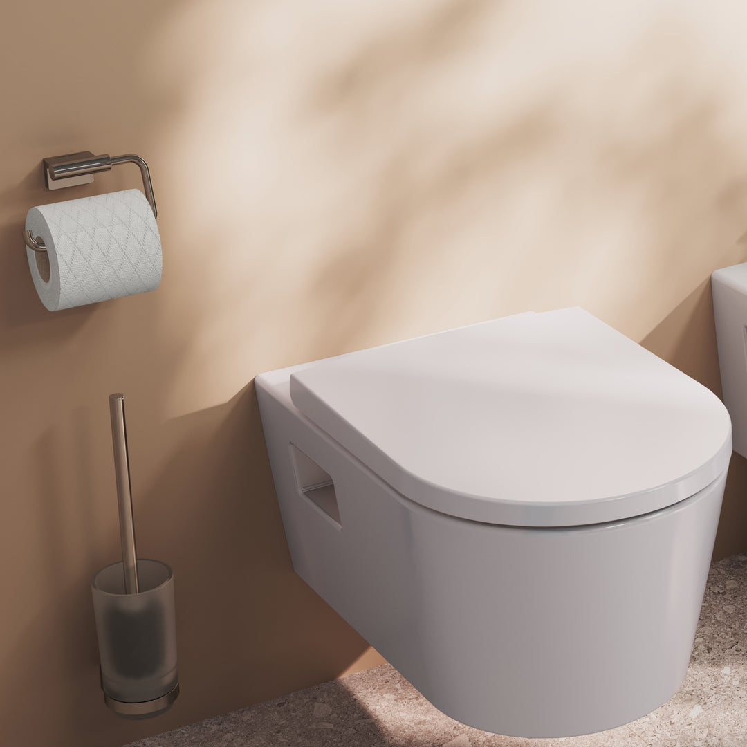 Lifestyle photo of the Hansgrohe AddStoris S Toilet Roll Holder in chrome finish, supplied by Deluxe Bathrooms.