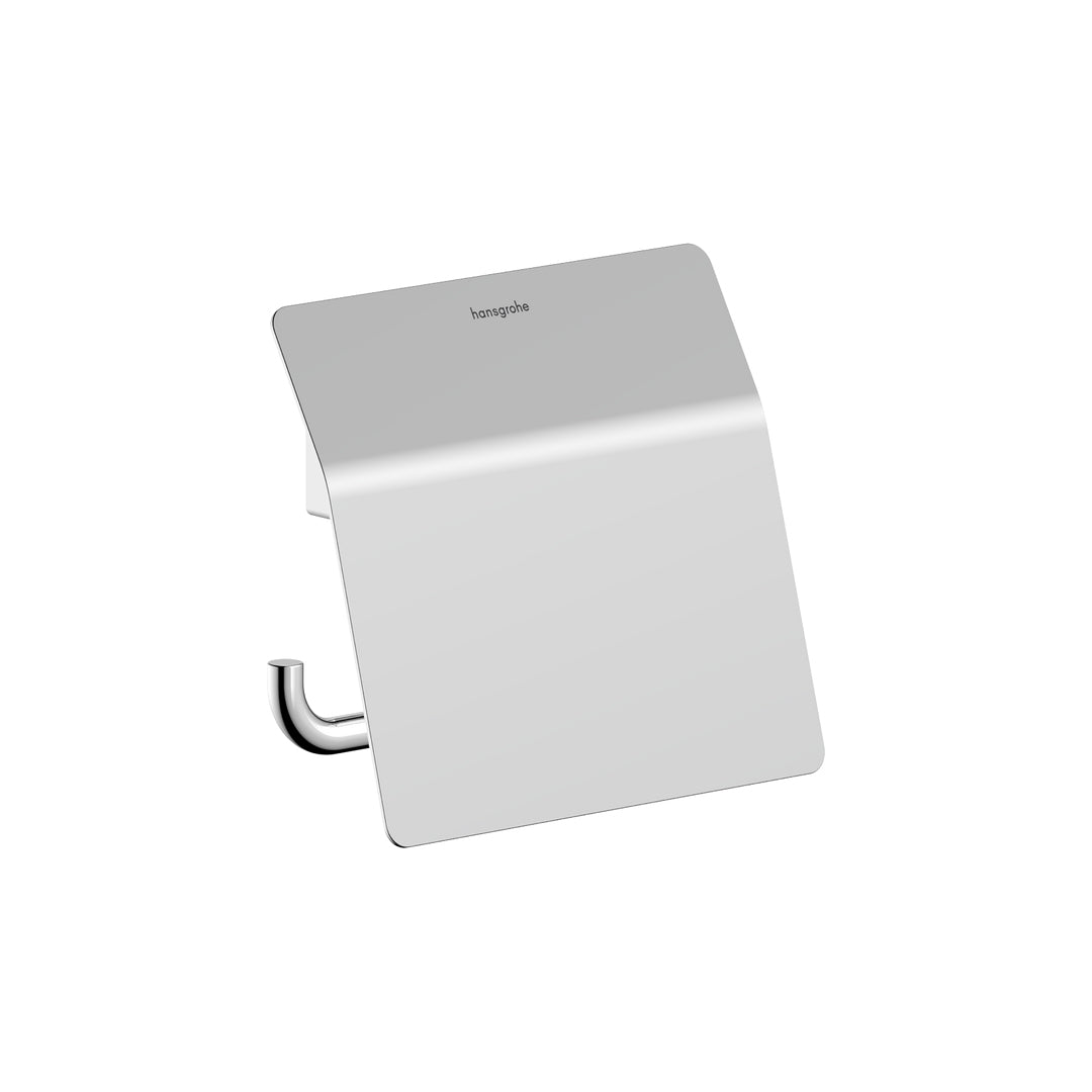 Hansgrohe AddStoris S Toilet Roll Holder with Cover in chrome finish, supplied by Deluxe Bathrooms.