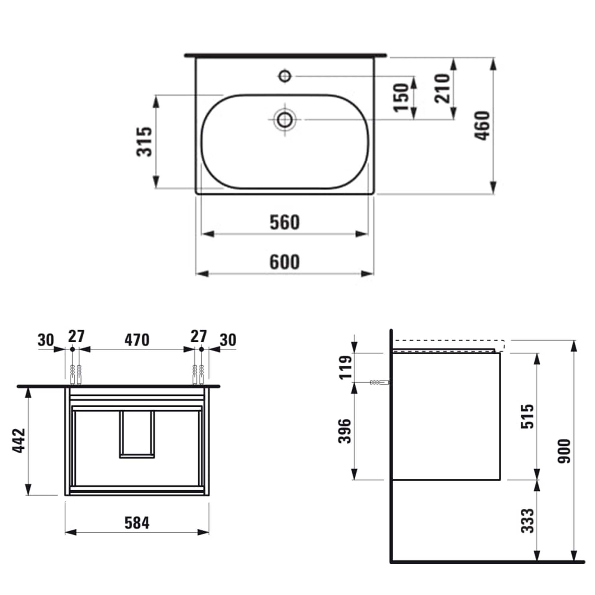 laufen lani 600 wall mounted vanity unit with ceramic washbasin white gloss