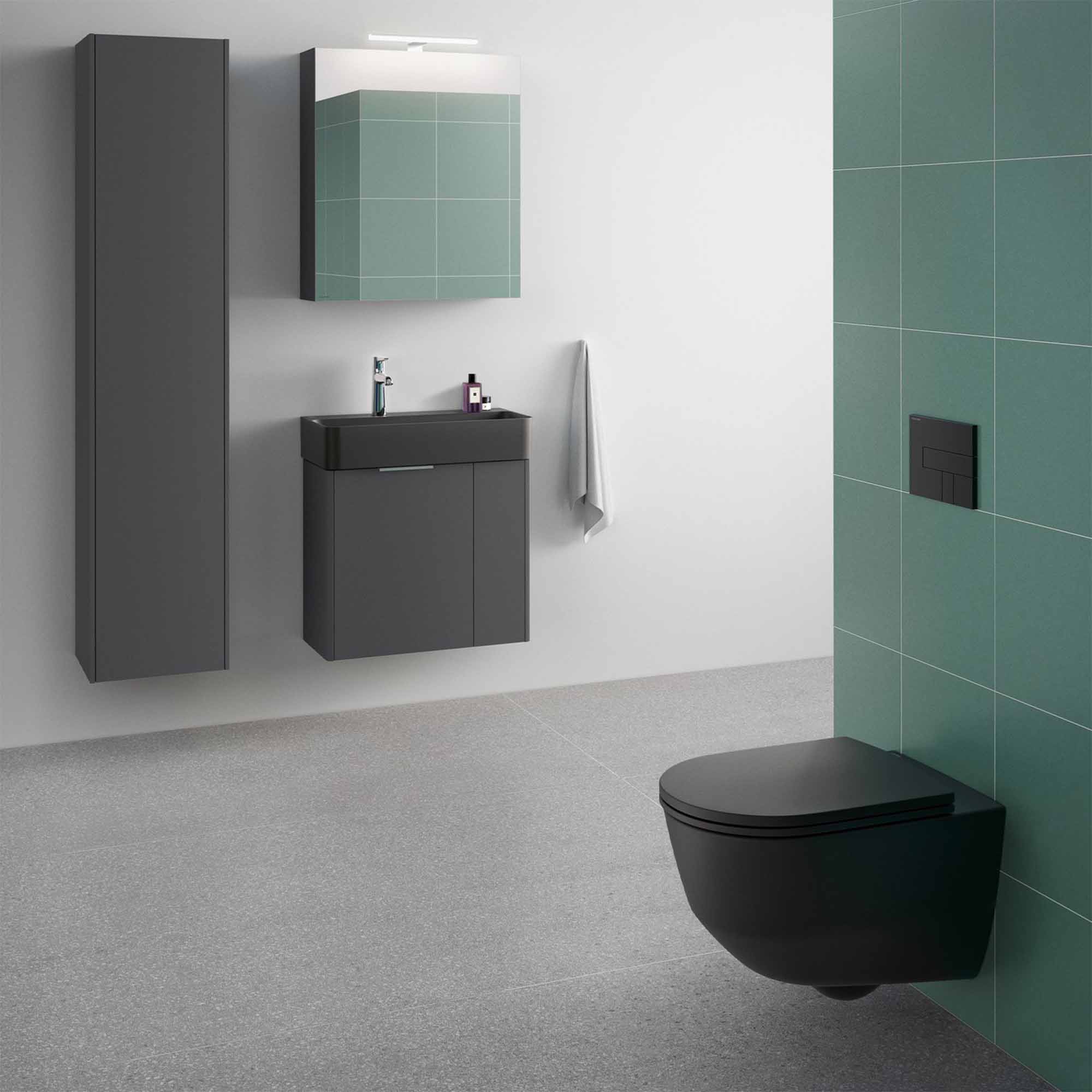 laufen pro rimless wall hung wc pan with slim soft close toilet seat matt black