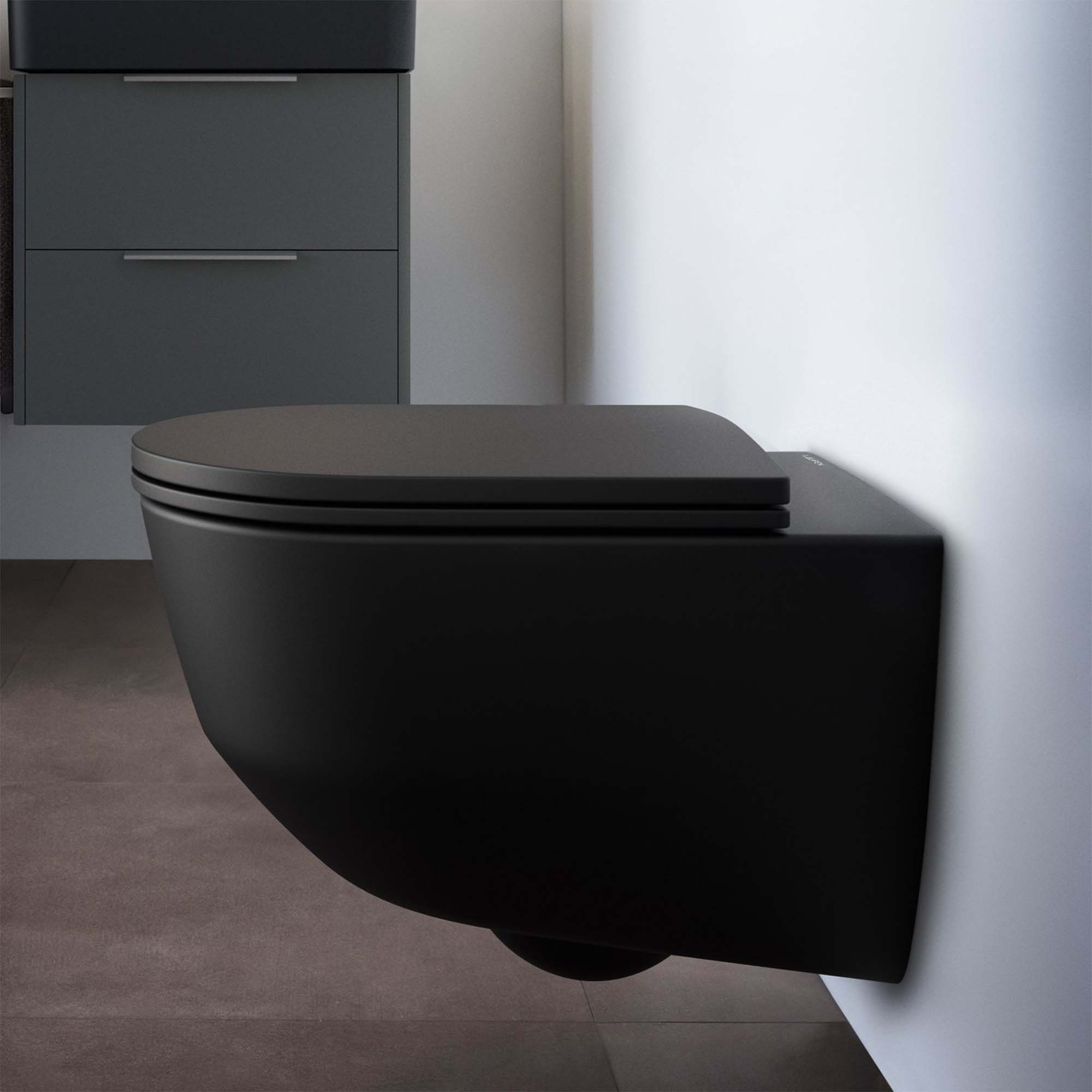 laufen pro rimless wall hung wc pan with slim soft close toilet seat matt black