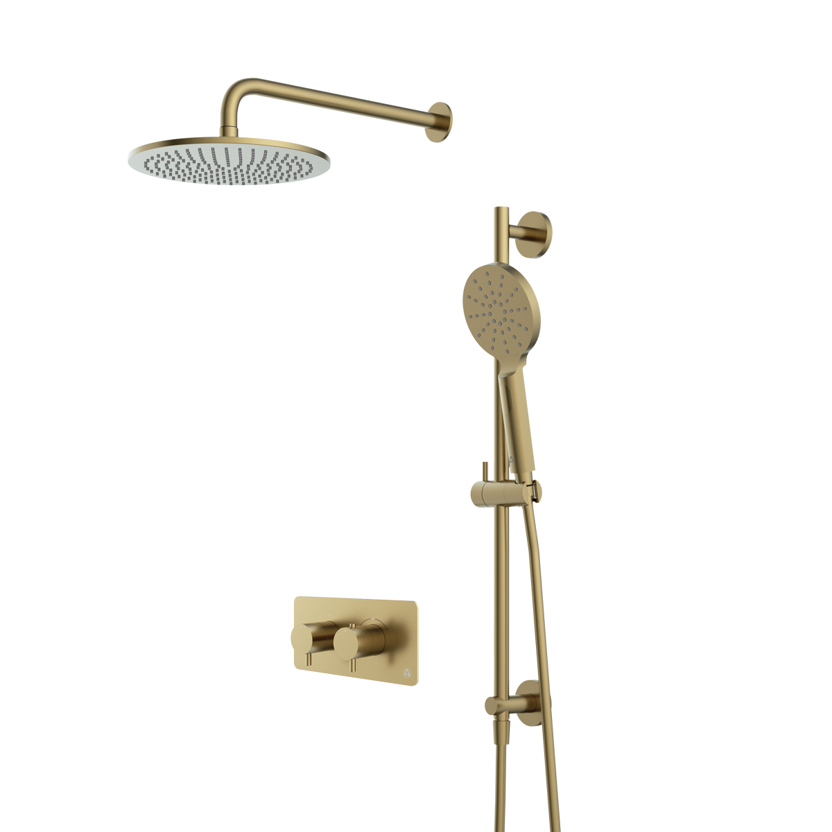 lucca minimal 2 outlet thermostatic shower valve slide rail handset and fixed overhead brushed brass