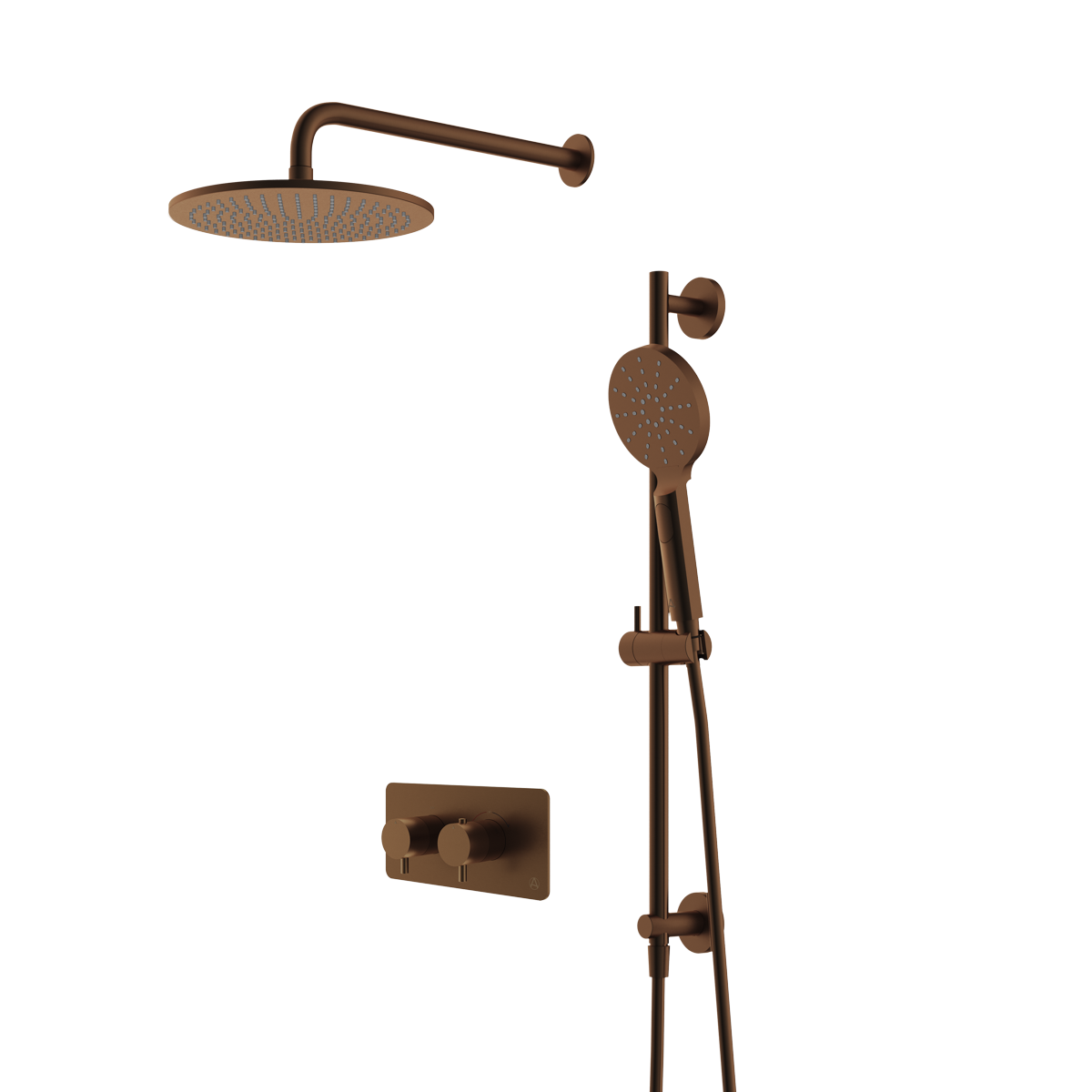 lucca minimal 2 outlet thermostatic shower valve slide rail handset and fixed overhead brushed bronze