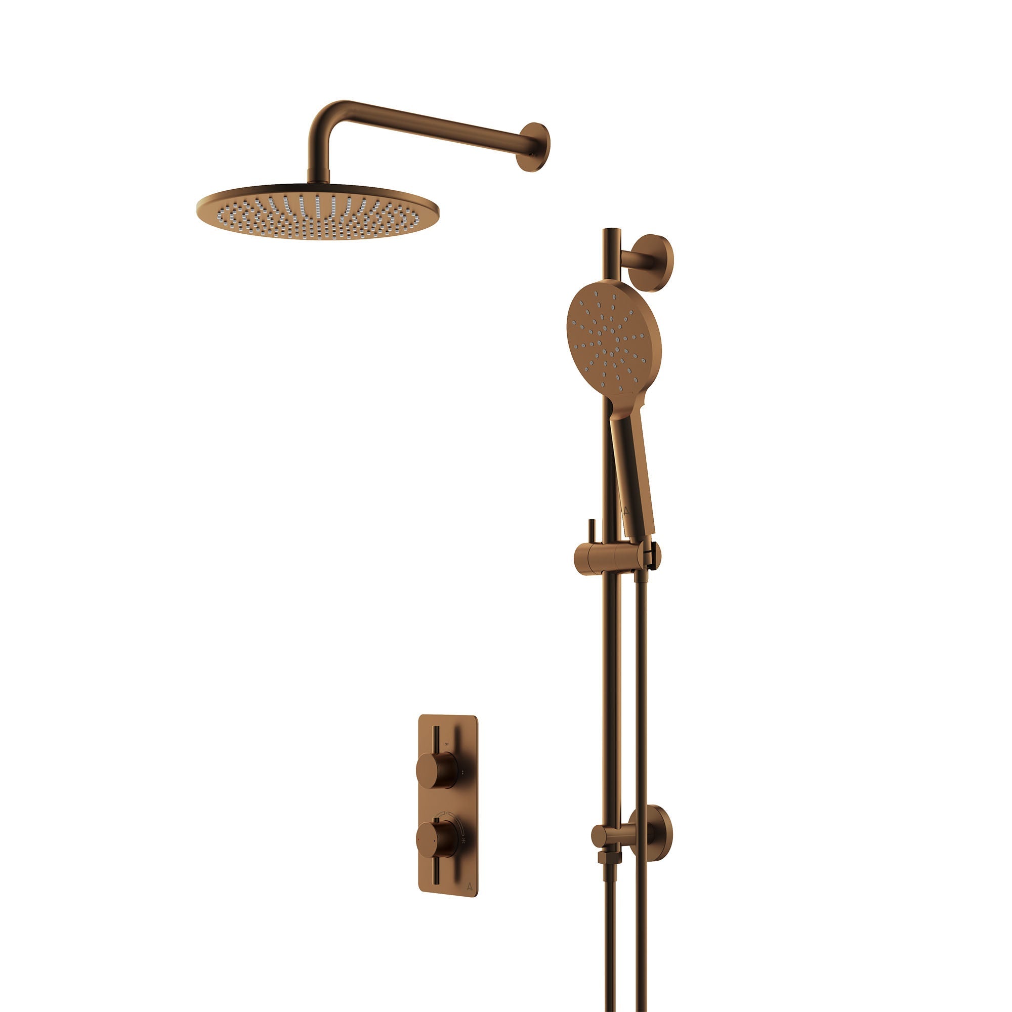 lucca minimal 2 outlet thermostatic shower valve slide rail handset and fixed overhead brushed bronze