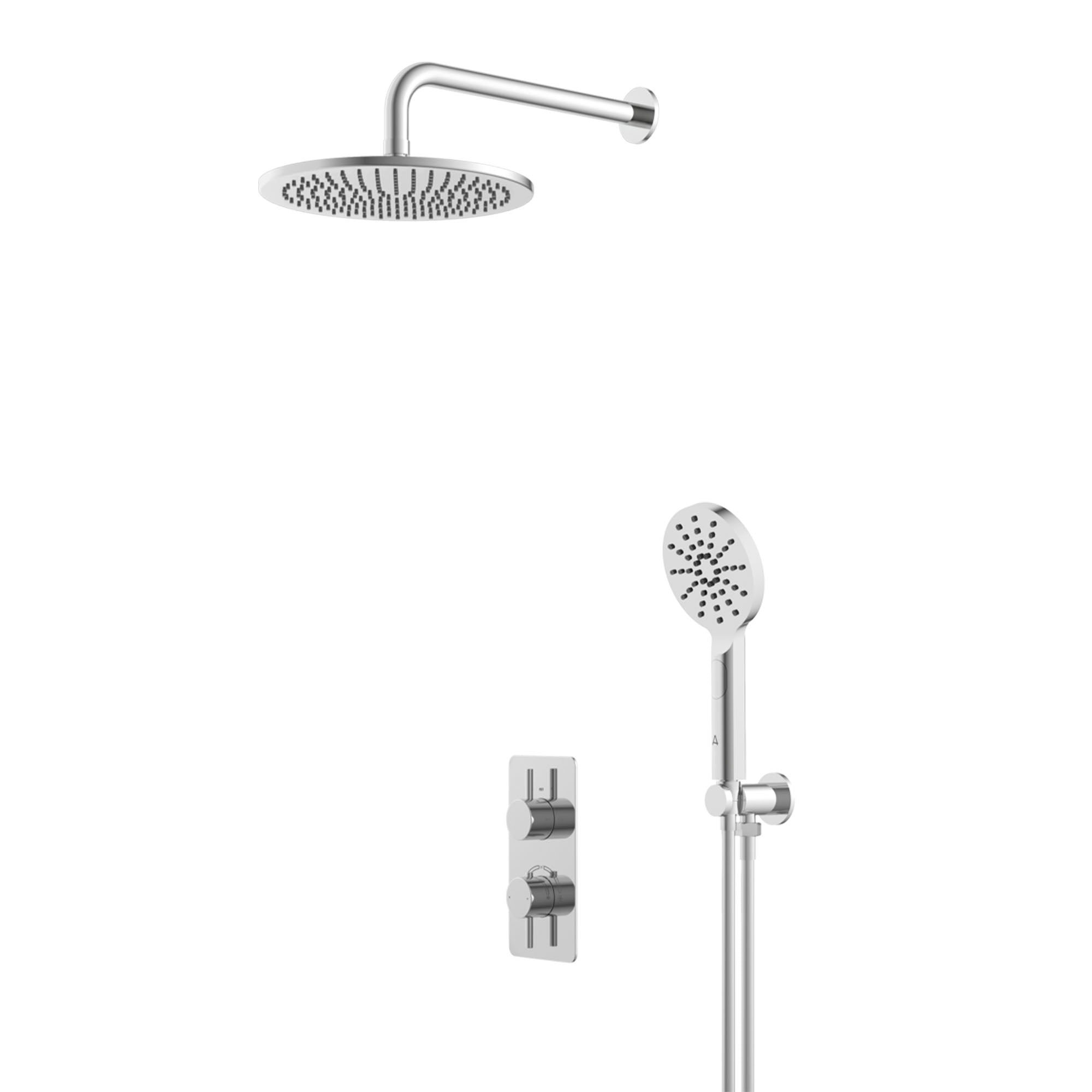 lucca minimal 2 outlet thermostatic shower valve with multifunction handset and fixed overhead chrome