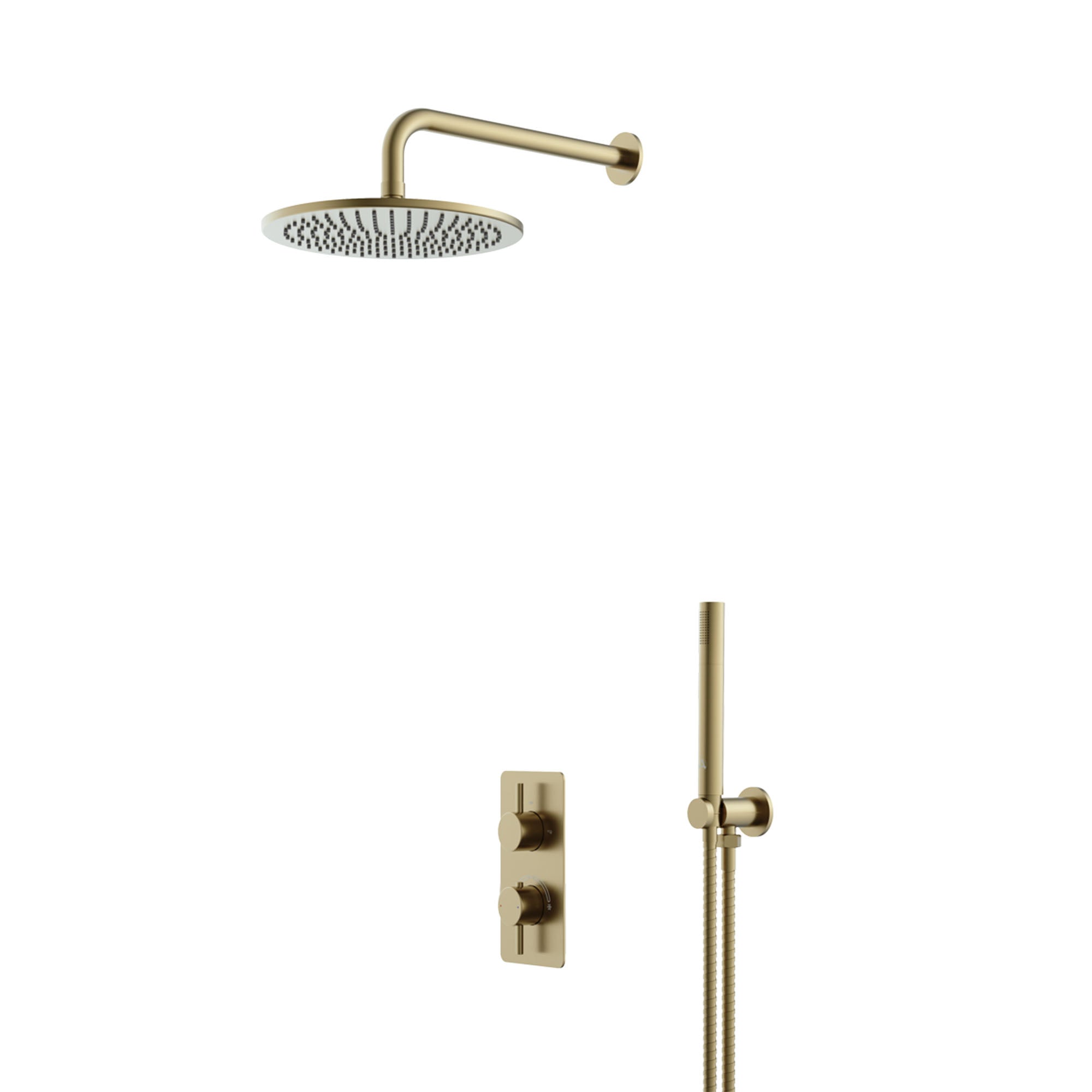 lucca minimal 2 outlet thermostatic shower valve with pencil handset and fixed overhead brushed brass