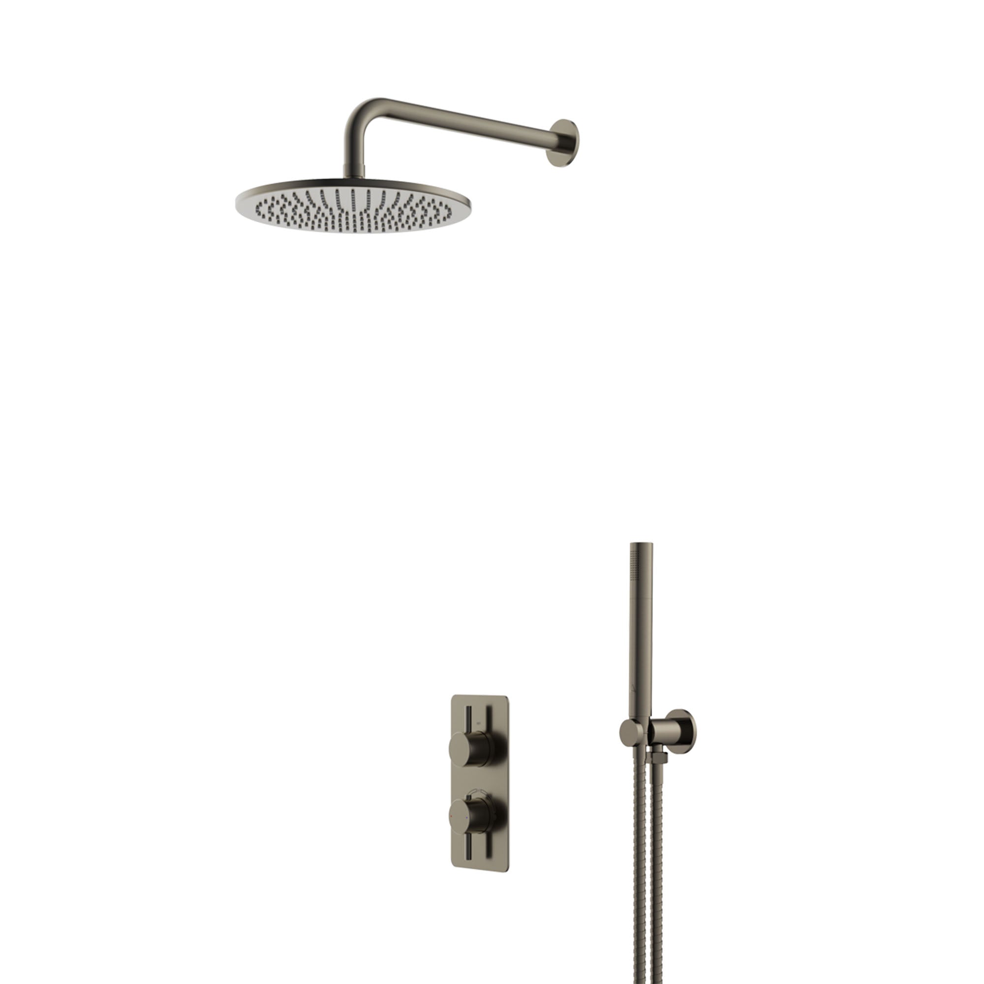 lucca minimal 2 outlet thermostatic shower valve with pencil handset and fixed overhead gunmetal