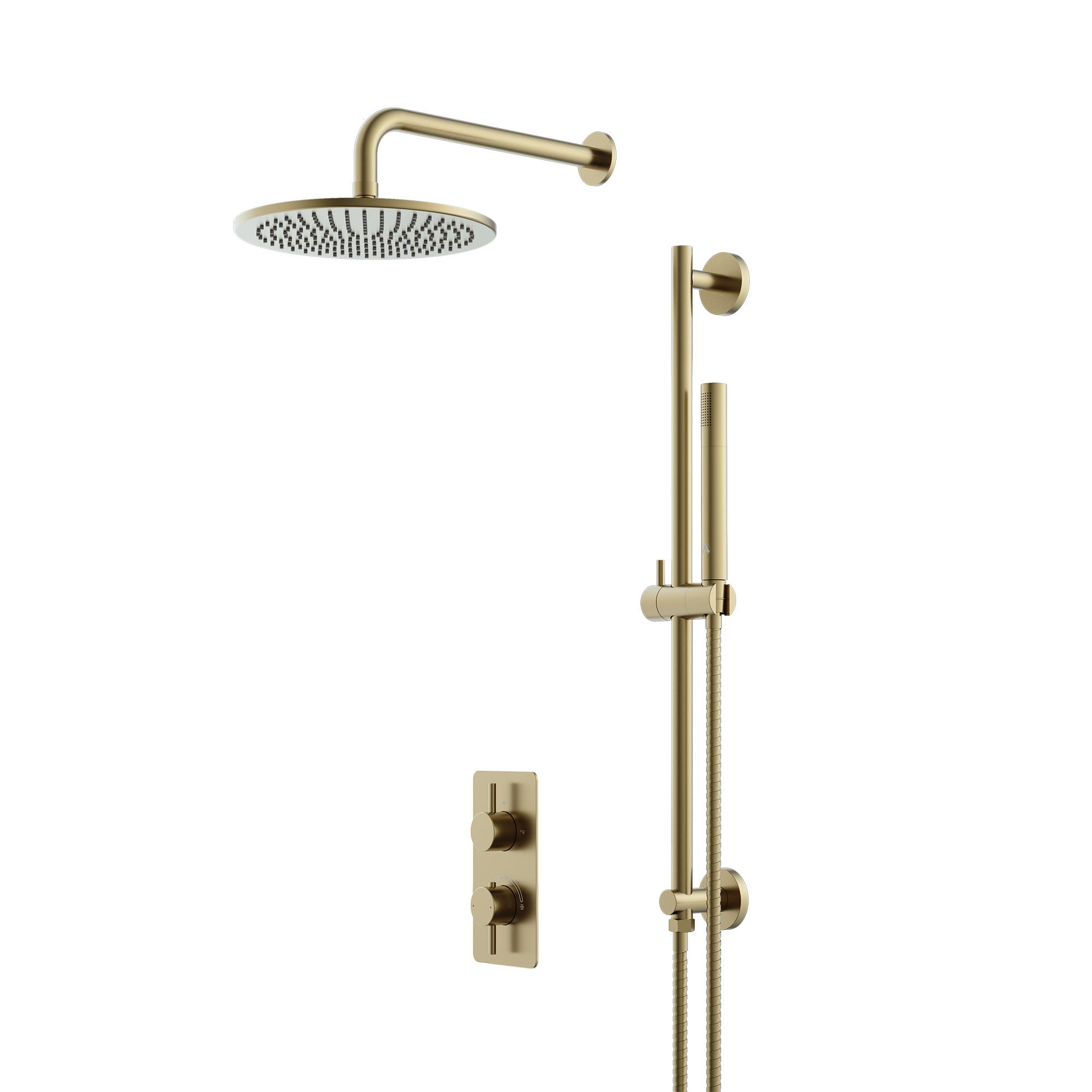 lucca minimal 2 outlet thermostatic shower valve with slide rail pencil handset and fixed overhead brushed brass