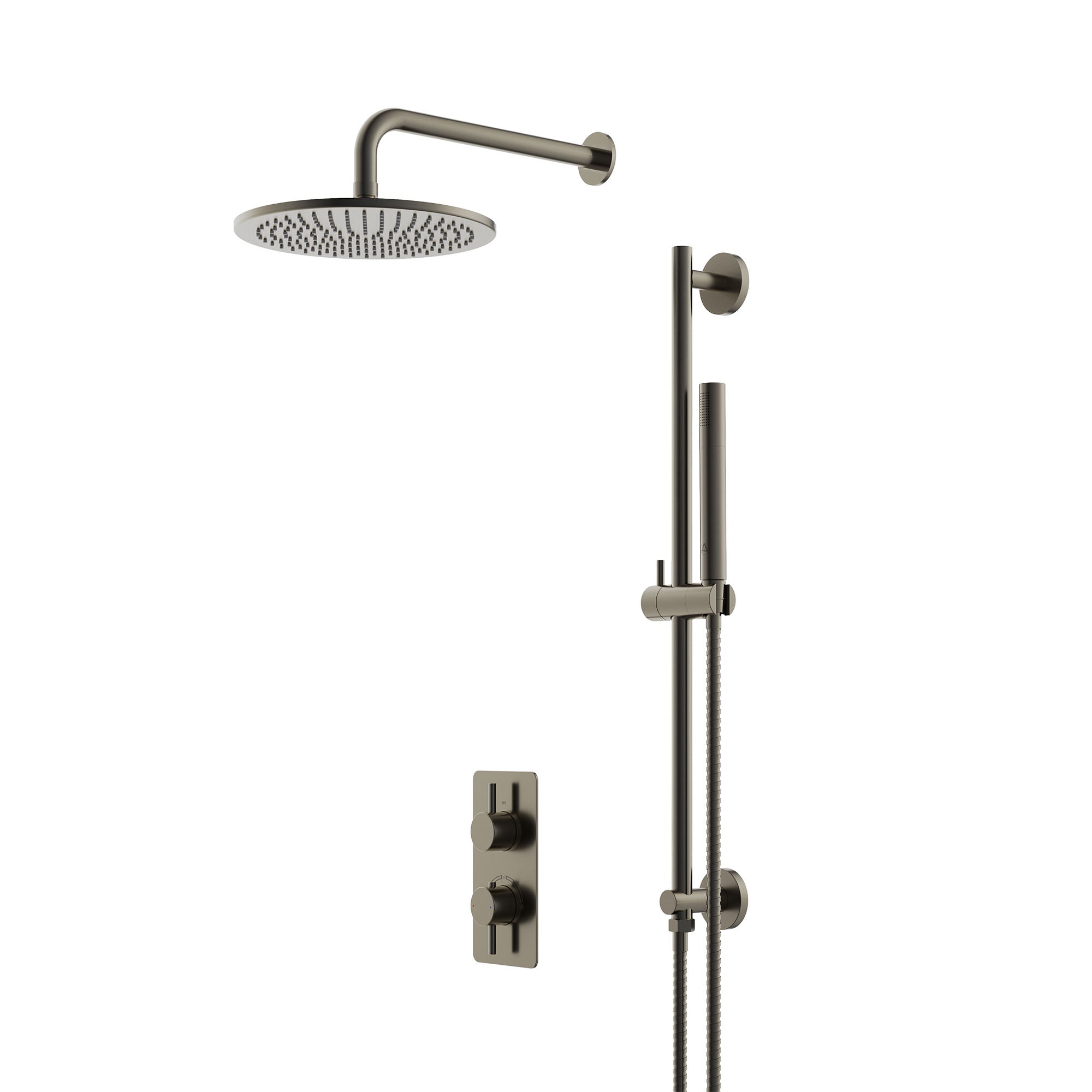 lucca minimal 2 outlet thermostatic shower valve with slide rail pencil handset and fixed overhead gunmetal grey