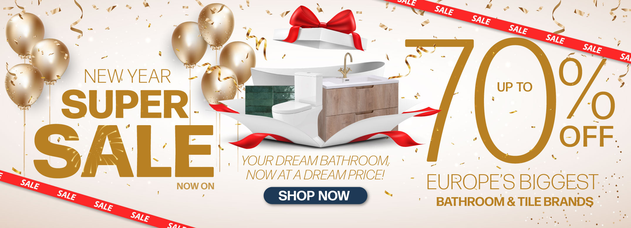 bathroom and tile new year sale at deluxe bathrooms banner