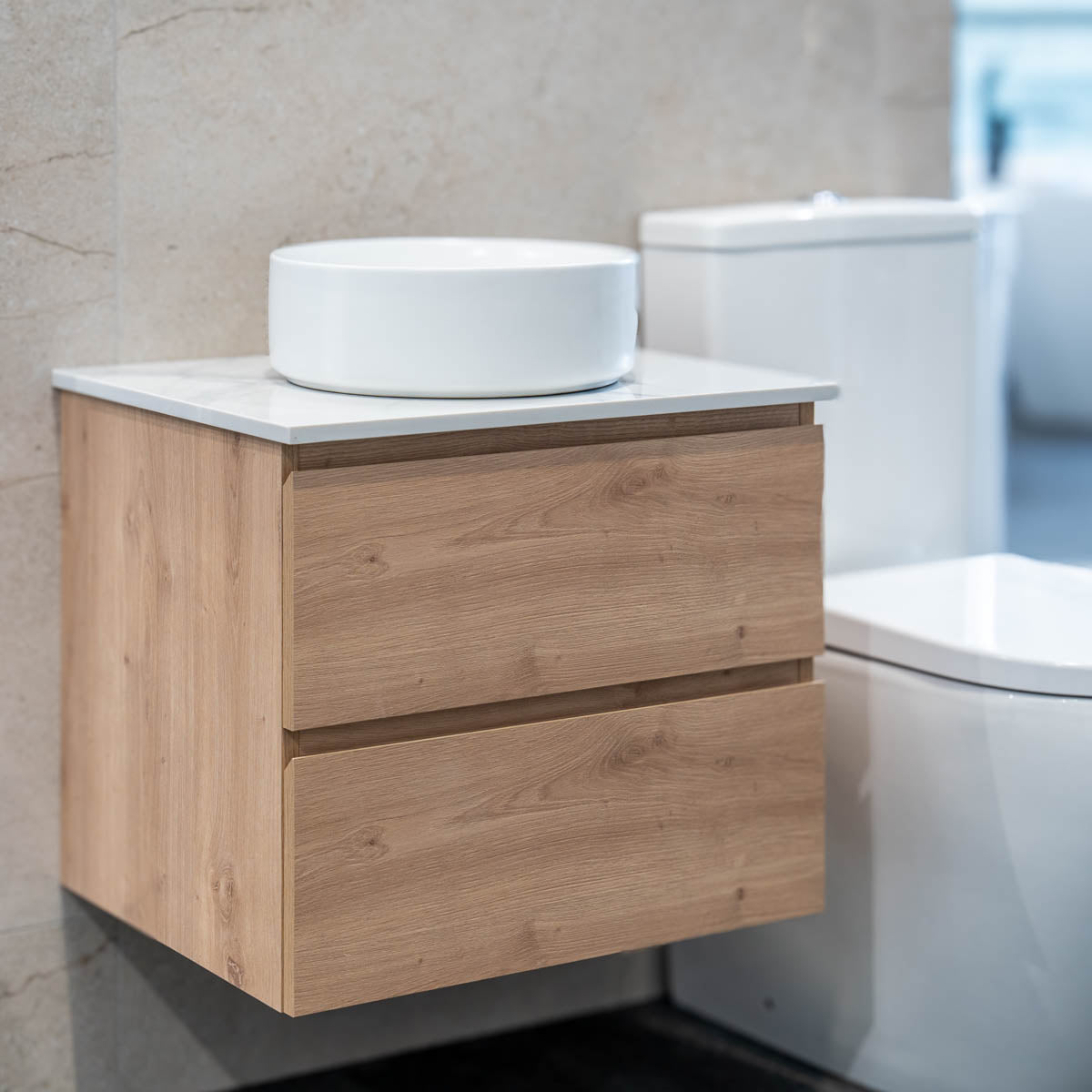 Granlusso Rocco Oak Wall Mounted Vanity Unit With Marble Effect Worktop