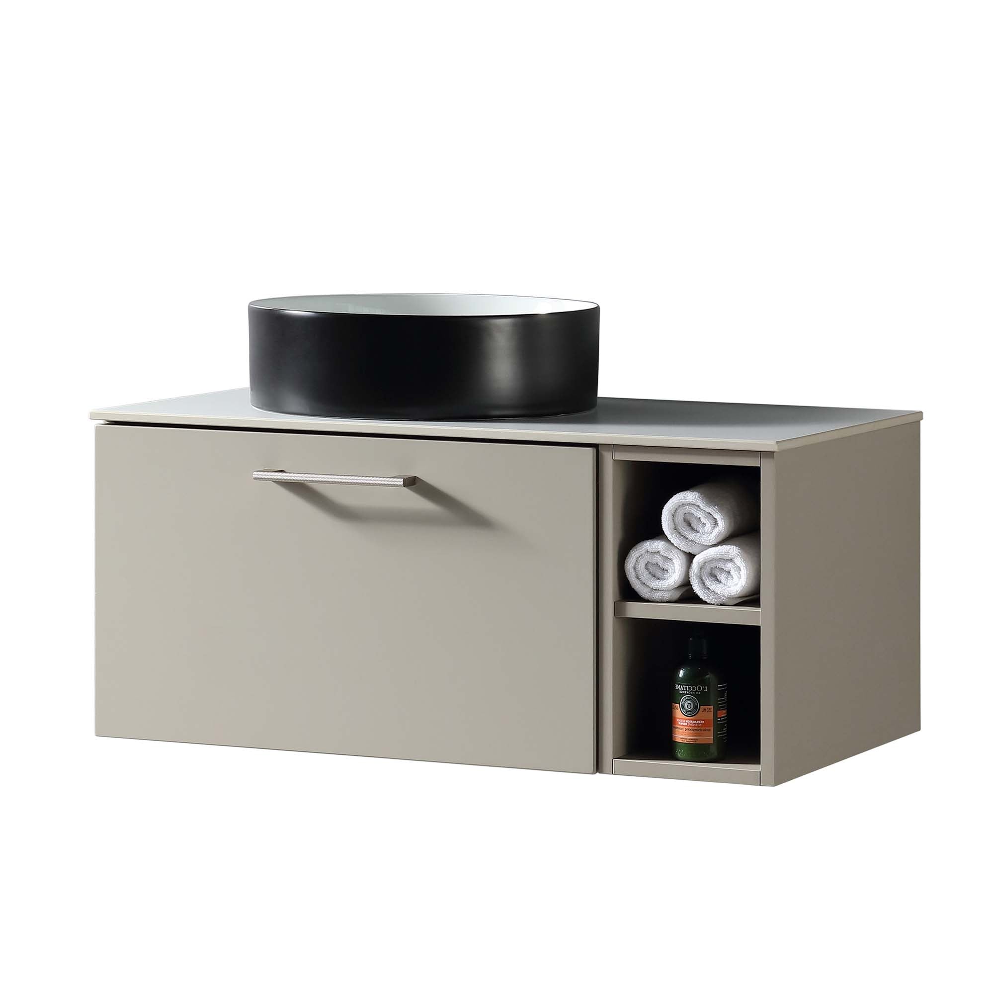 pisa 800 wall mounted vanity unit with side storage and left hand stone worktop smoked sage