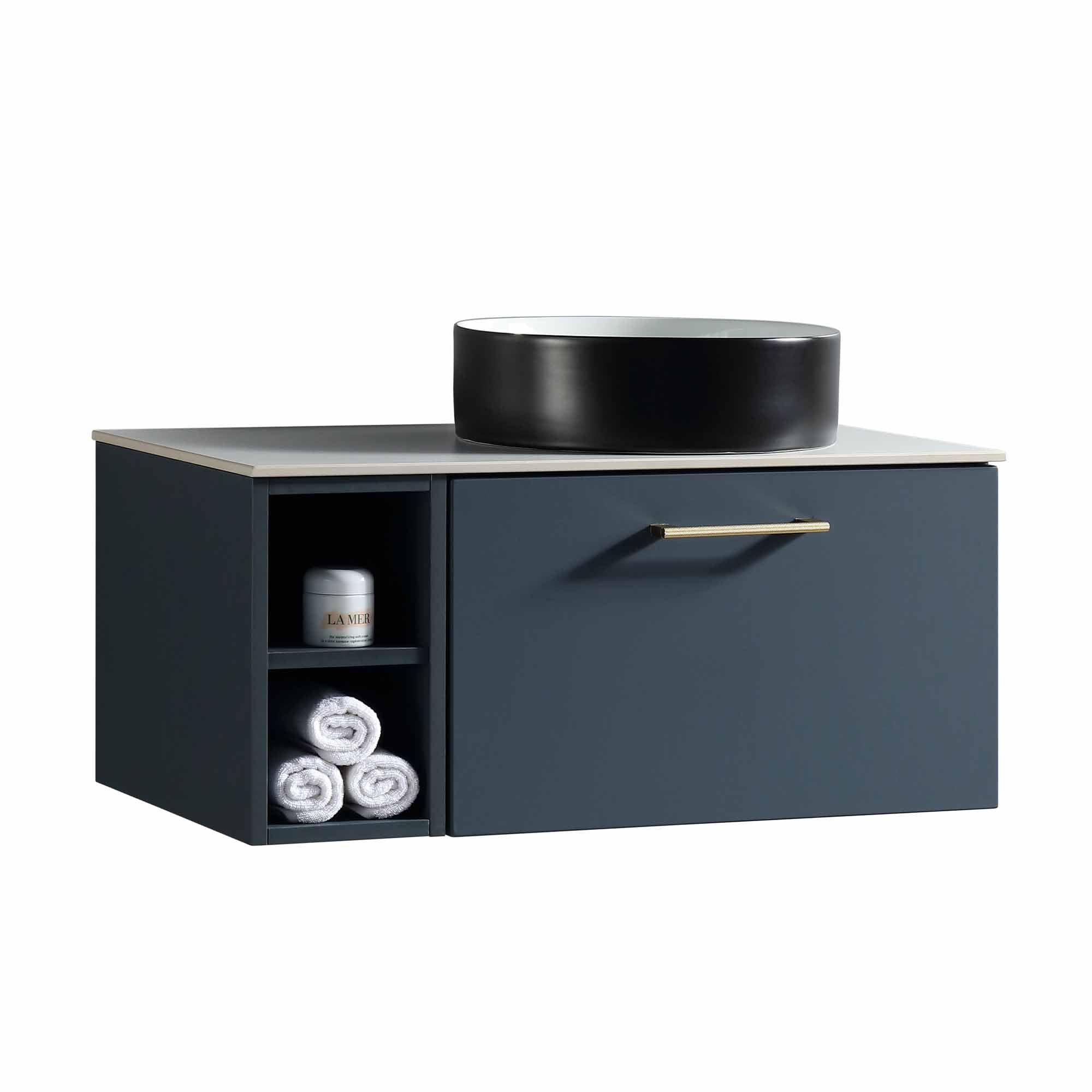 pisa 800 wall mounted vanity unit with side storage and right hand stone worktop midnight shadow
