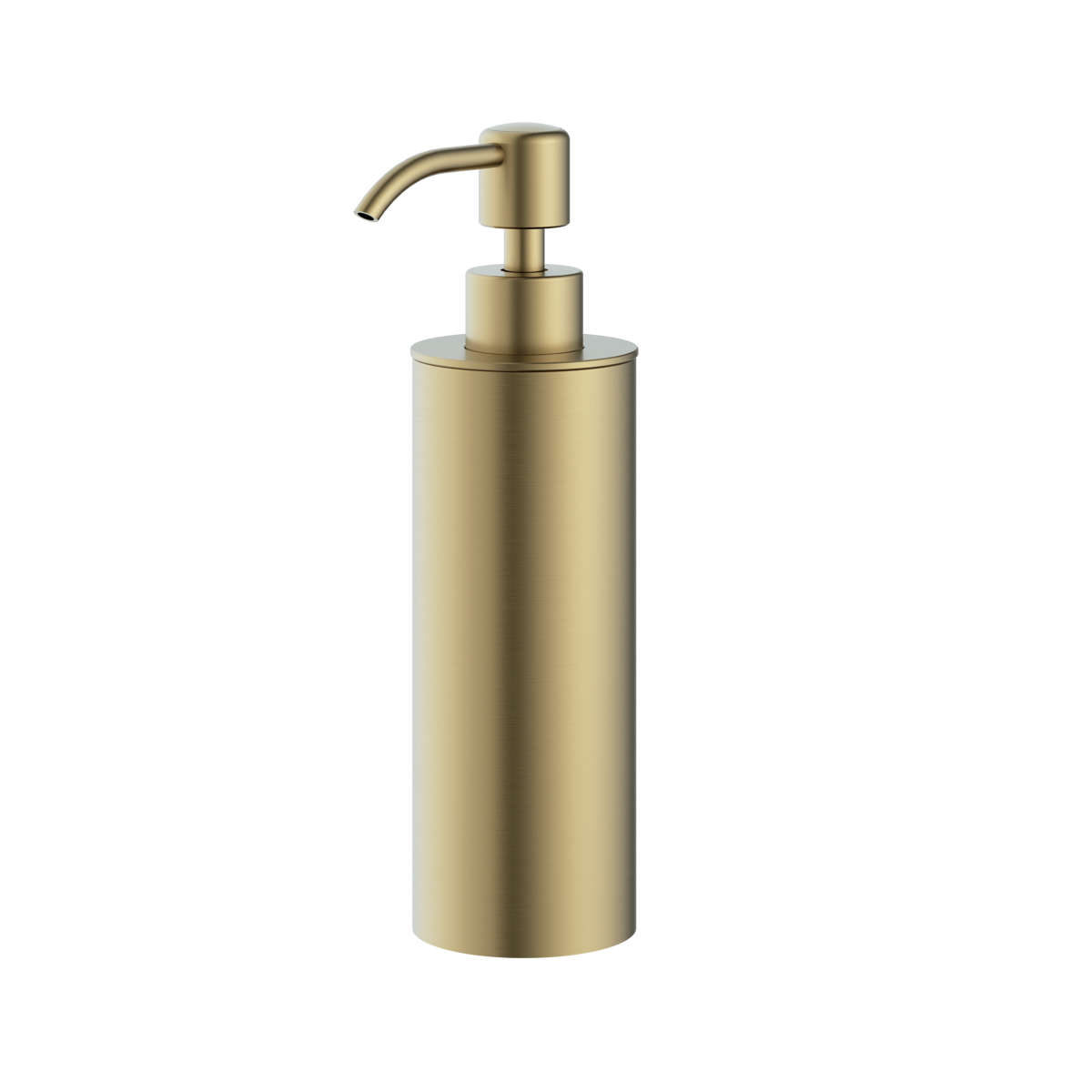 Rensa freestanding soap dispenser in brushed-brass finish, supplied by Deluxe Bathrooms.