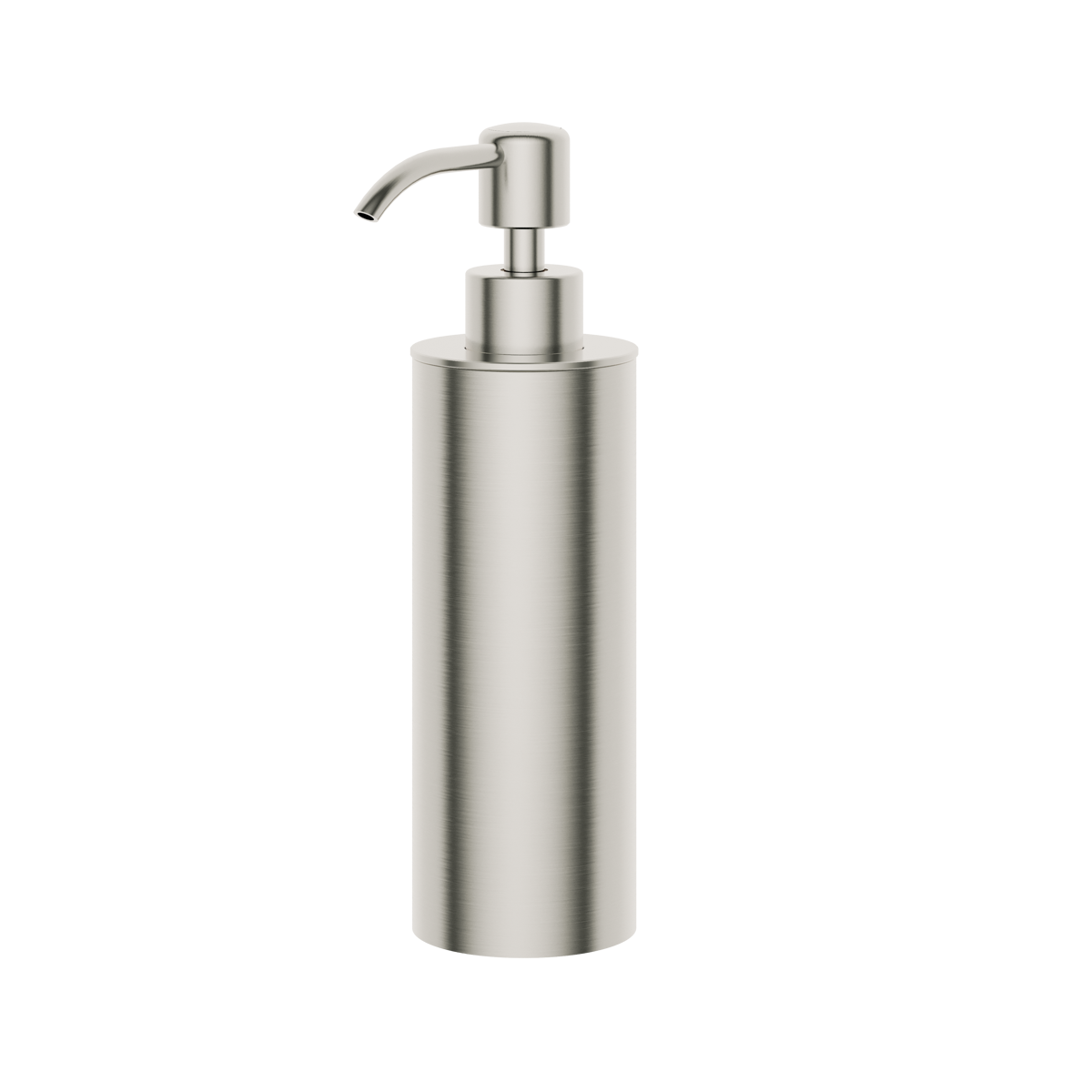 Rensa freestanding soap dispenser in brushed-nickel finish, supplied by Deluxe Bathrooms.
