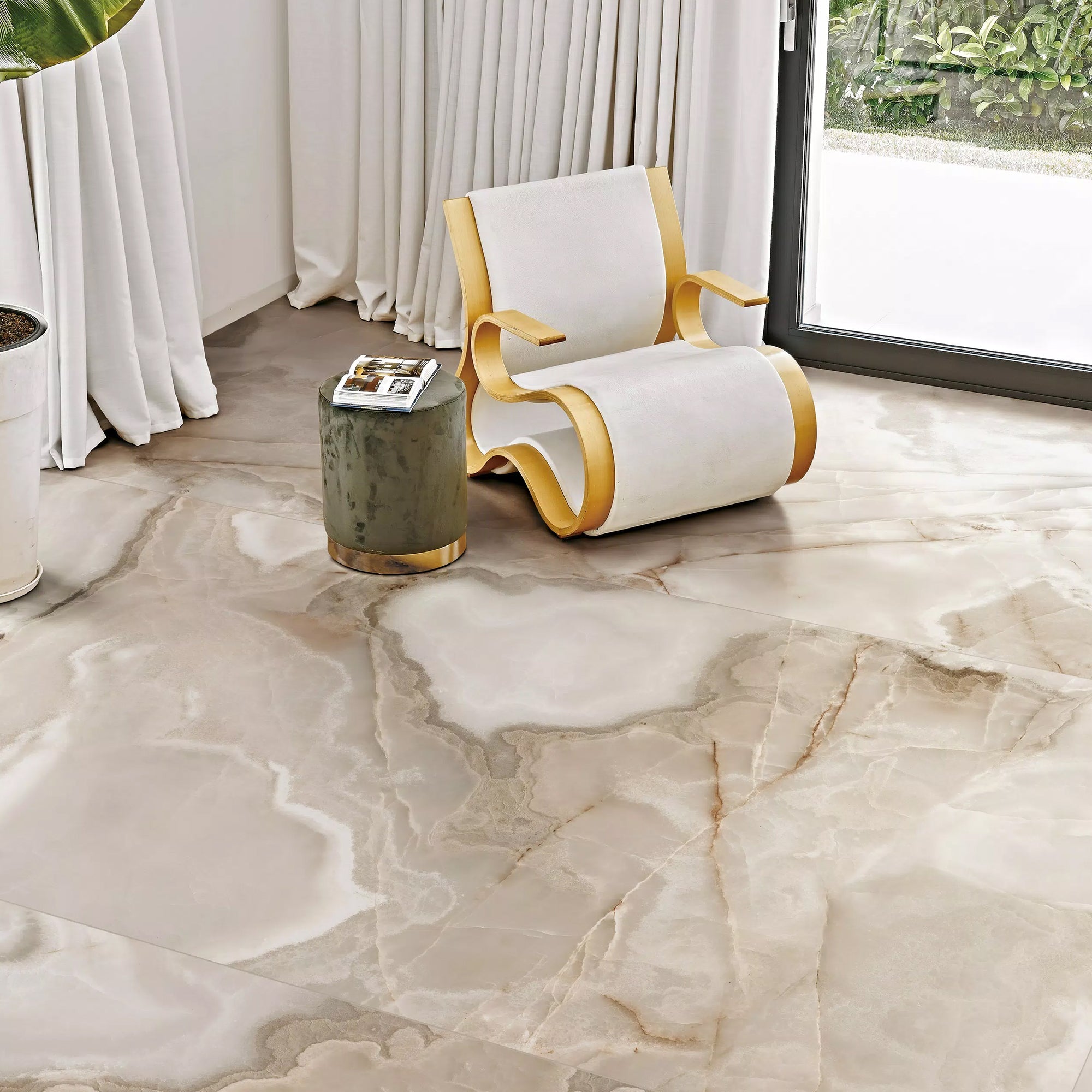 Lifestyle image featuring Rêves Noisette Onyx Effect porcelain gloss tiles, supplied by Deluxe Bathrooms.