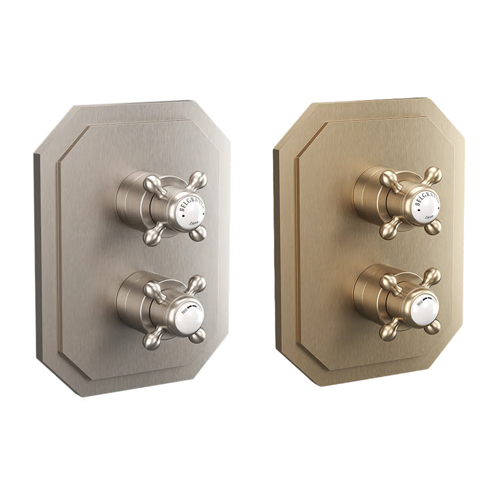 Side by Side Comparison of the Valve Trim in Brushed Nickel and Brushed Brass, supplied by Deluxe Bathrooms.