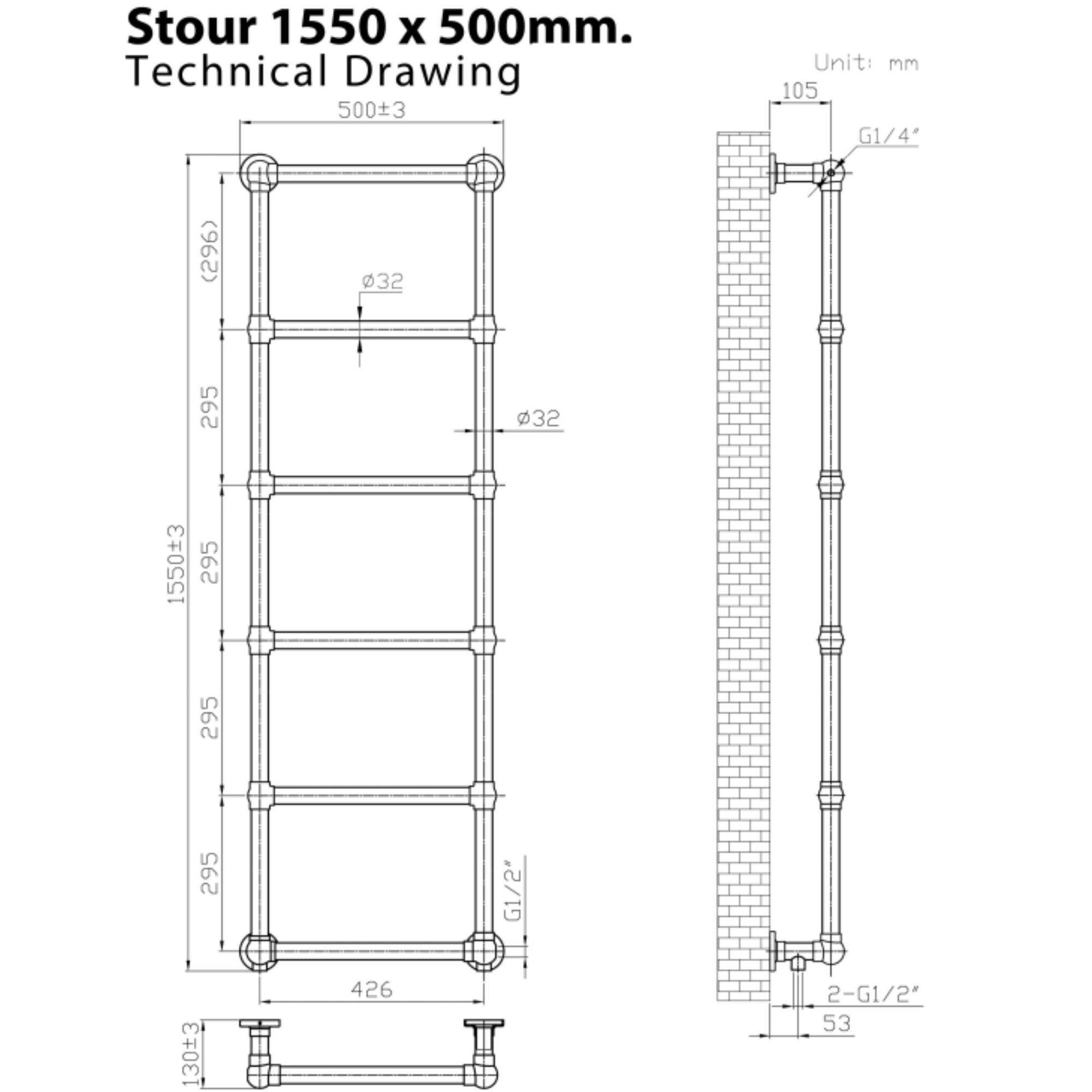 Stour Traditional Heated Towel Rail  1550x500mm Technical Drawing