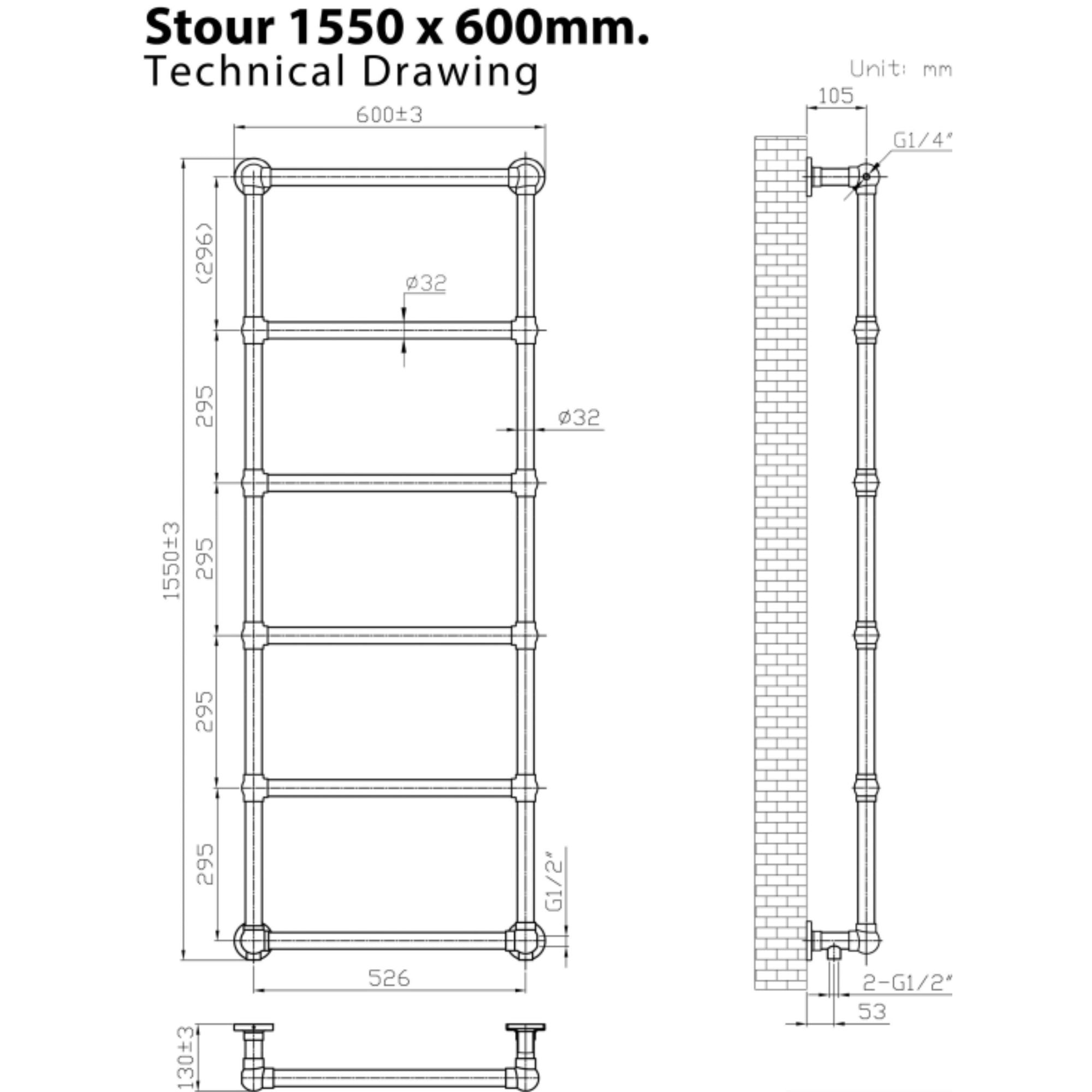 Stour Traditional Heated Towel Rail  1550x600mm Technical Drawing