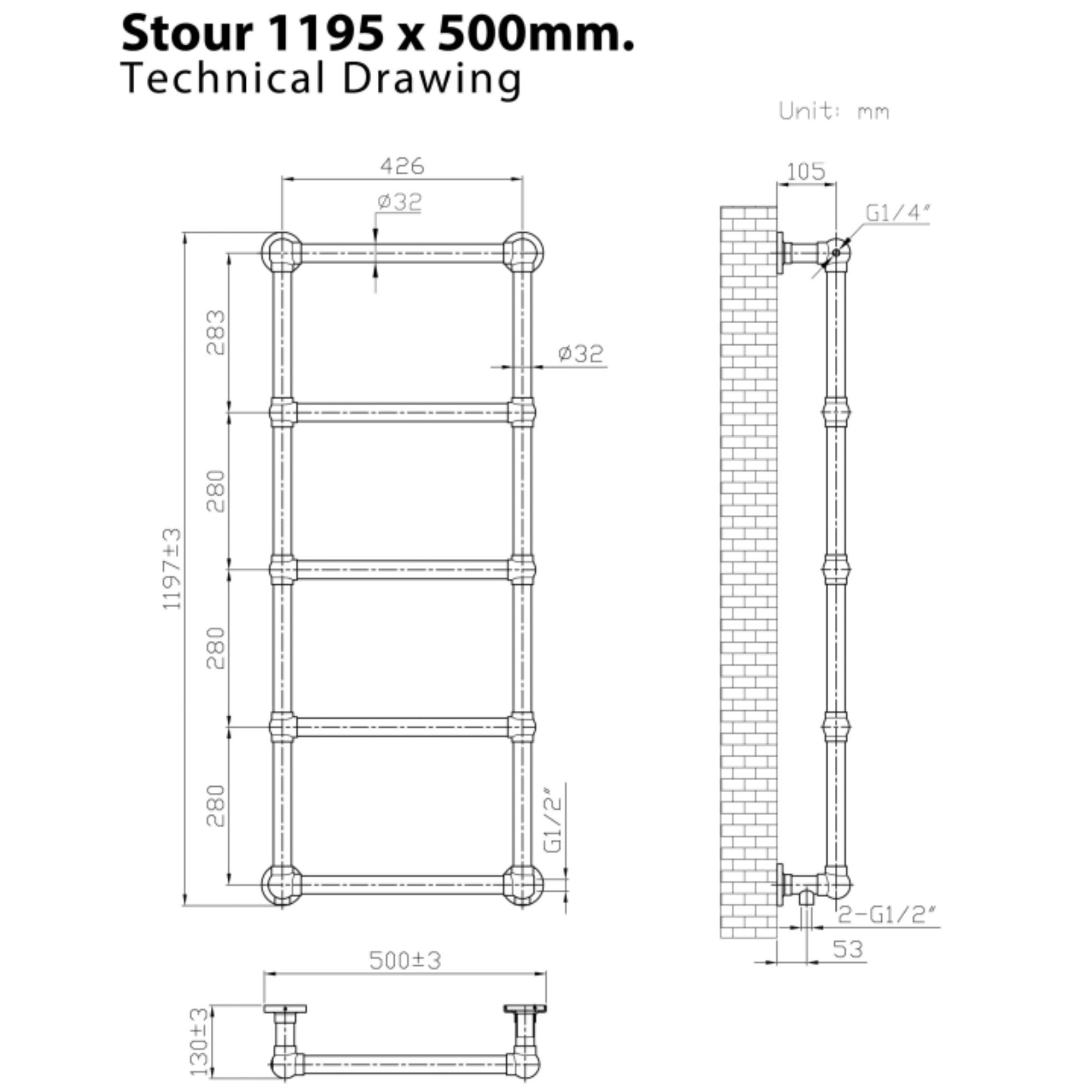 Stour Traditional Heated Towel Rail  1195x500mm Technical Drawing