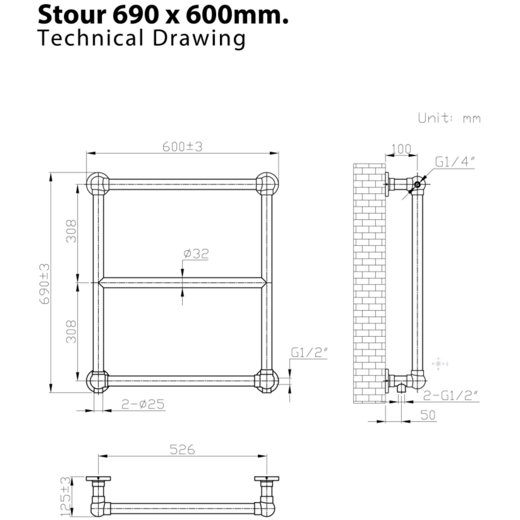 Stour Traditional Heated Towel Rail  690x600mm Technical Drawing
