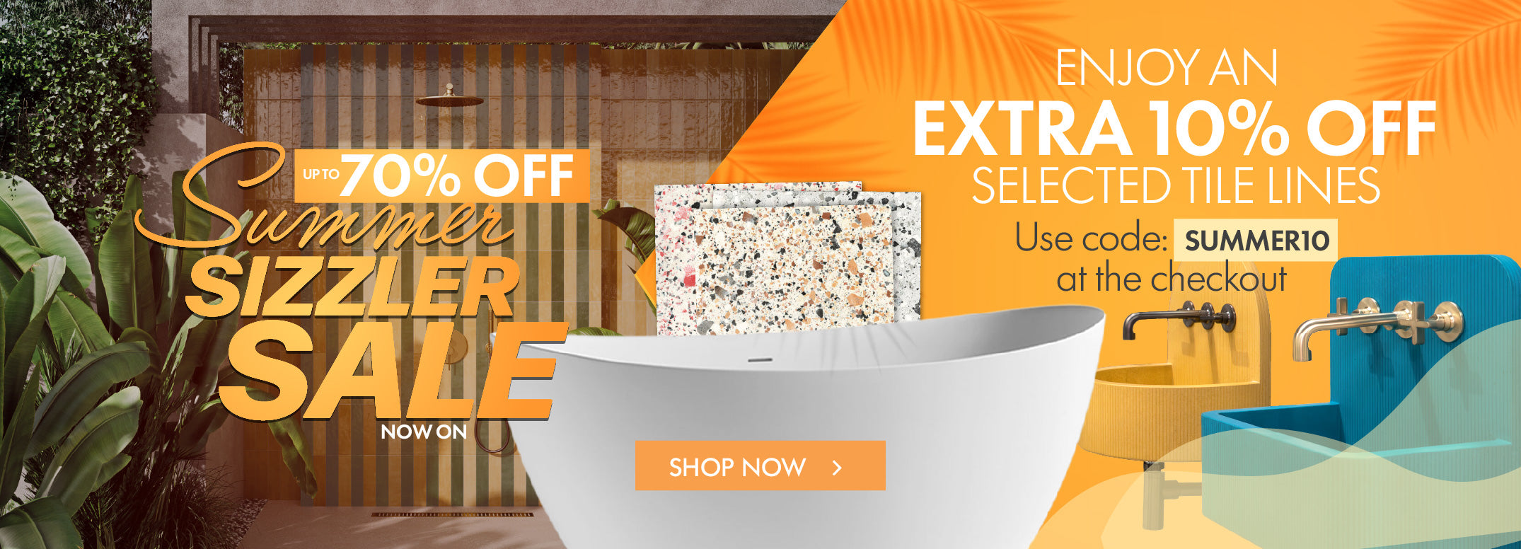 Promotional banner for a summer sale on tiles with a discount offer.