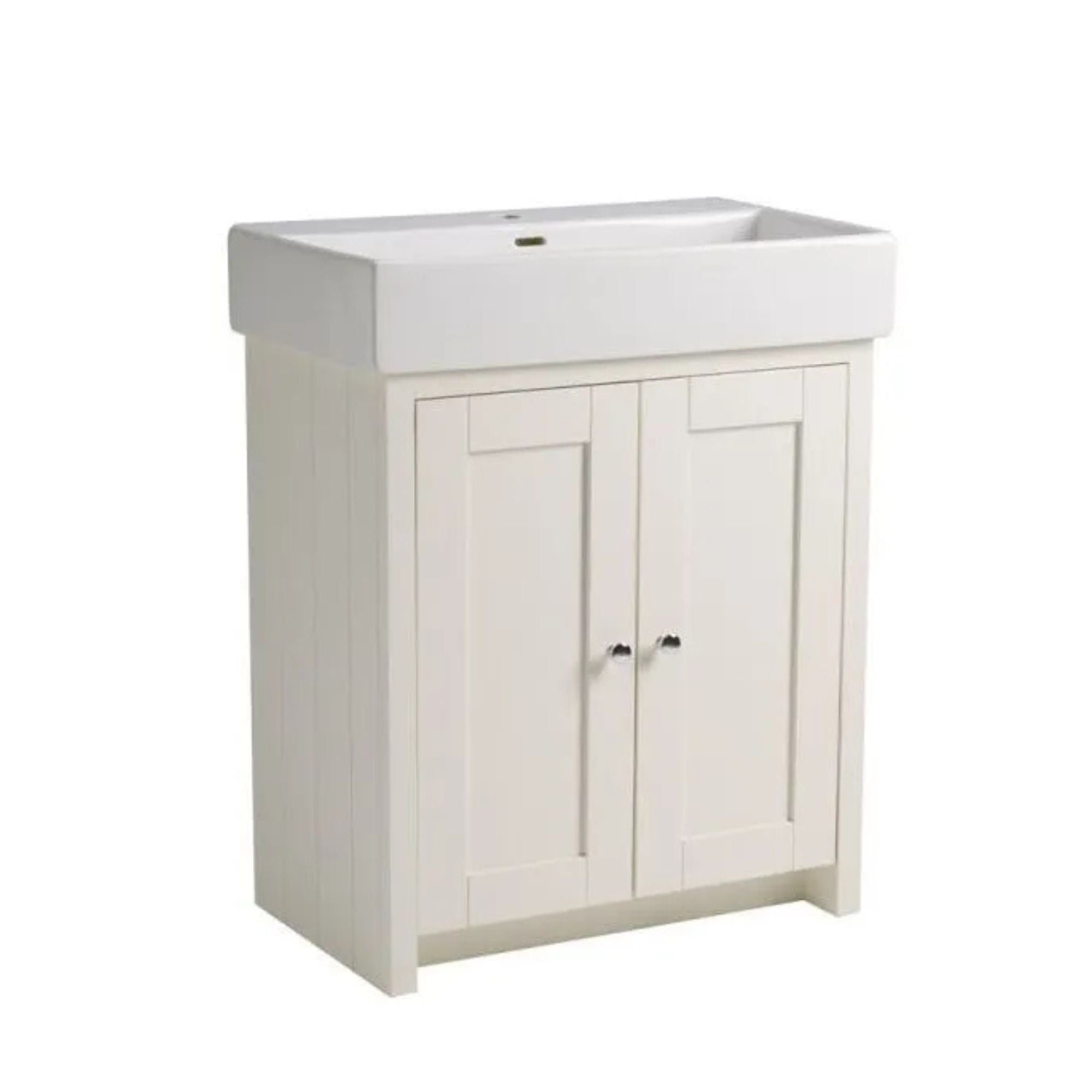 Tavistock lansdown white linen bathroom vanity with white countertop on a white background deluxe bathrooms