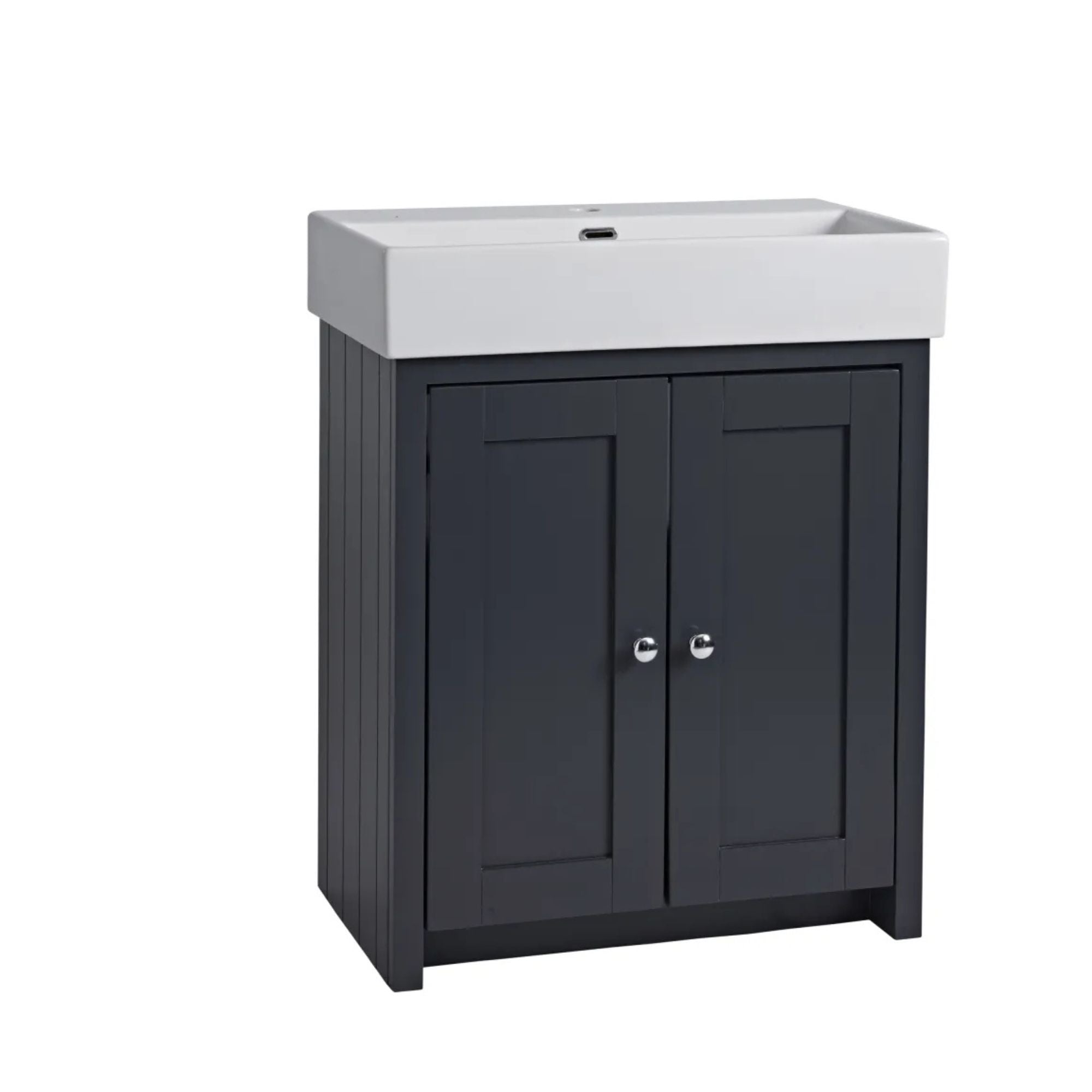 Tavistock lansdown pebble grey bathroom vanity with white countertop on a white background deluxe bathrooms