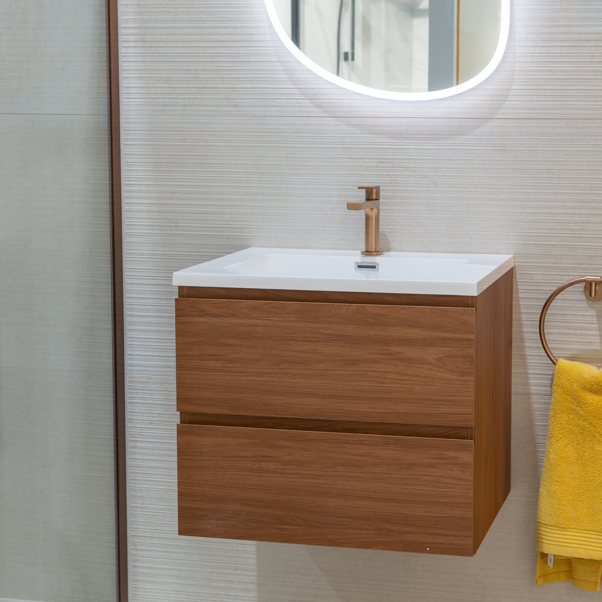 Granlusso™ Rocco Walnut Wall Mounted Vanity Unit With Gloss White Washbasin