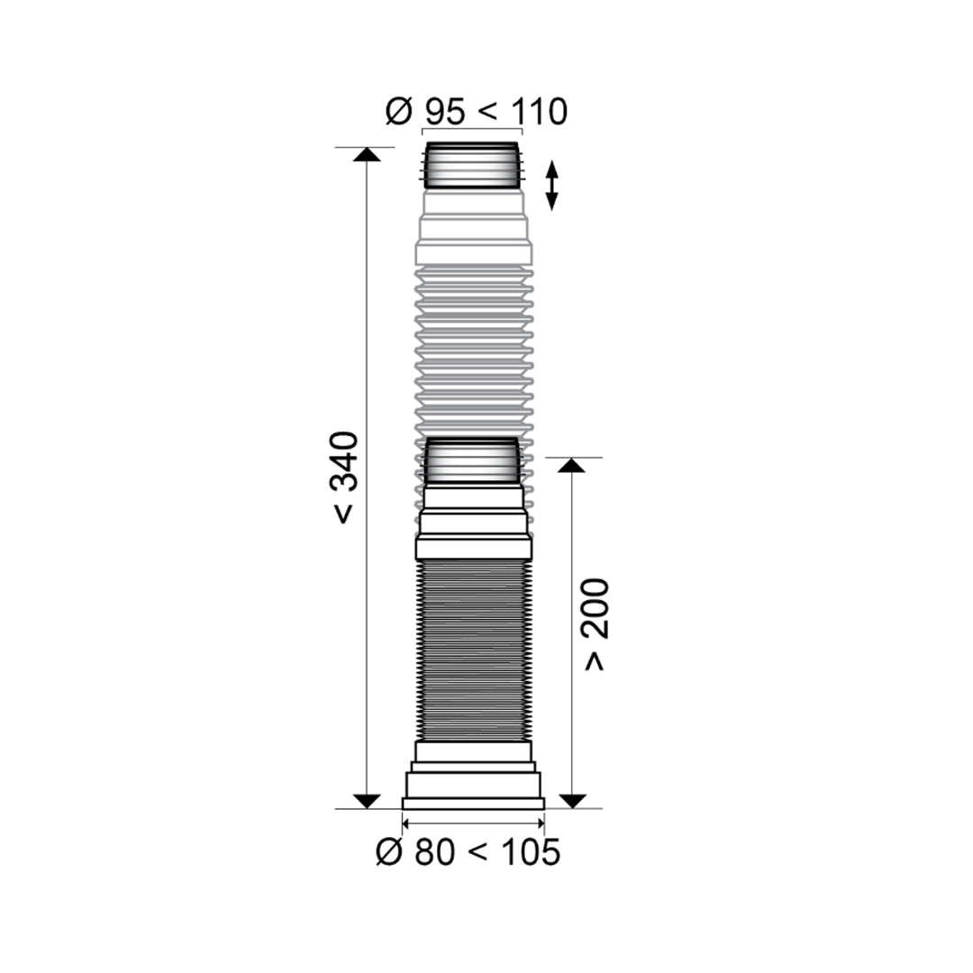 Technical dimensions drawing for the Extendable WC Pan Connector 200-340mm.