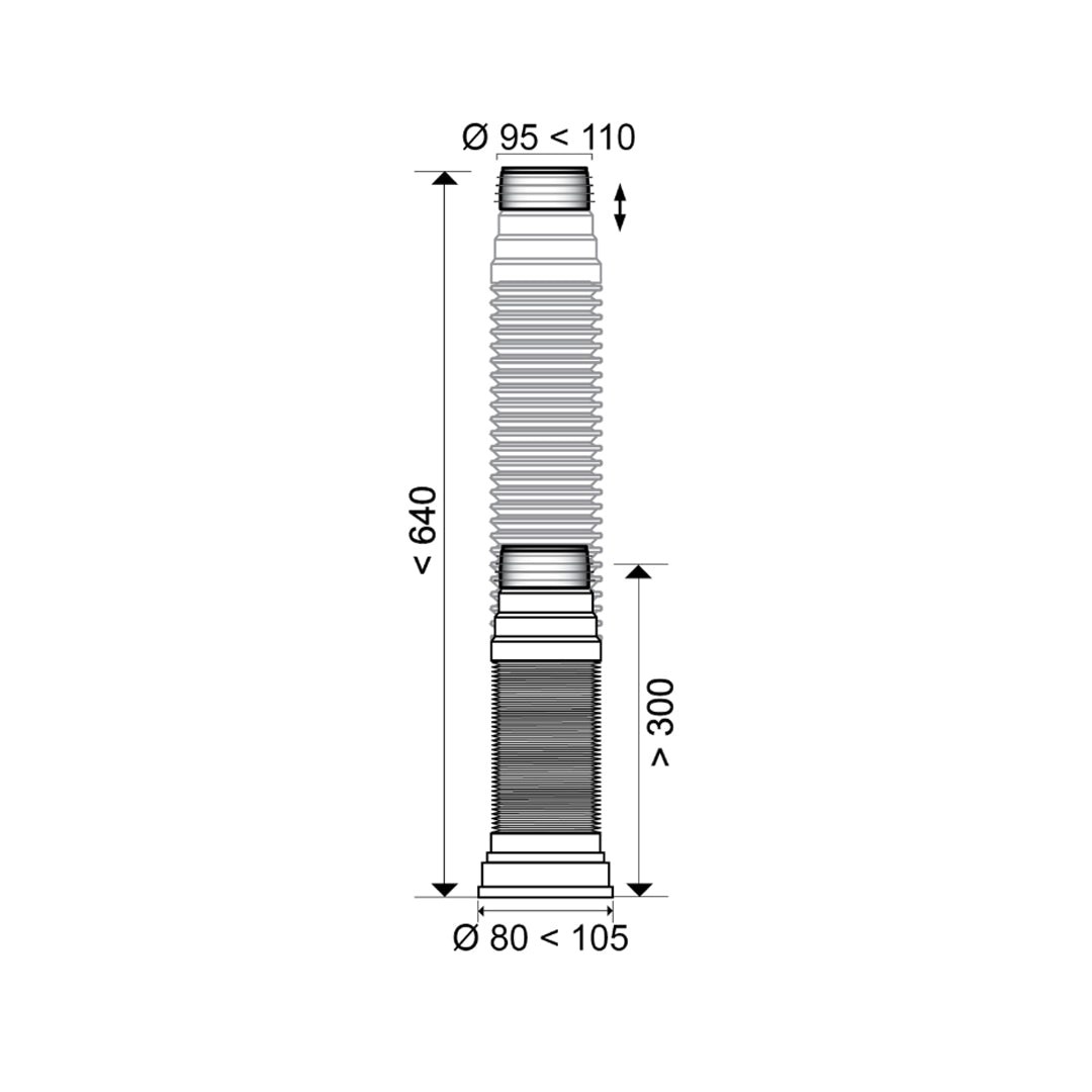 Technical dimensions drawing for the Extendable WC Pan Connector 200-340mm.