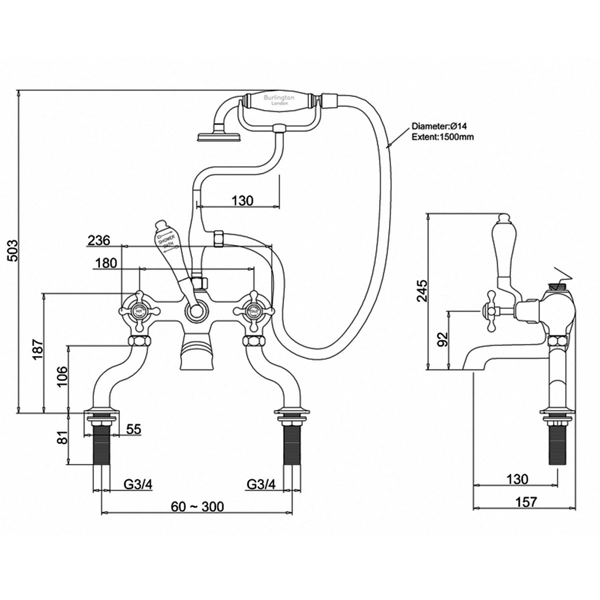 Burlington Claremont Angled Deck Mounted Bath Shower Mixer With S Adjuster Deluxe Bathrooms UK