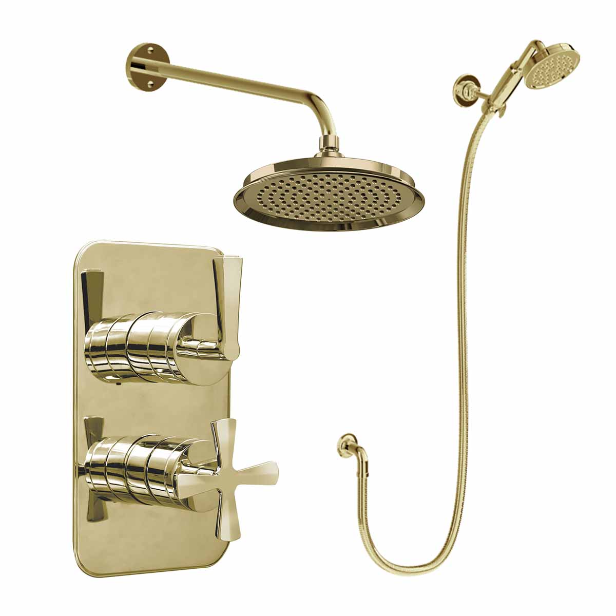 Burlington Riviera Shower Valve With Wall Mounted Fixed Overhead and Handset Gold Deluxe Bathrooms UK