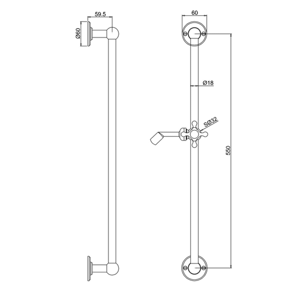 Burlington Slide Rail With Handset Holder Chrome Dimensions Deluxe Bathrooms UK