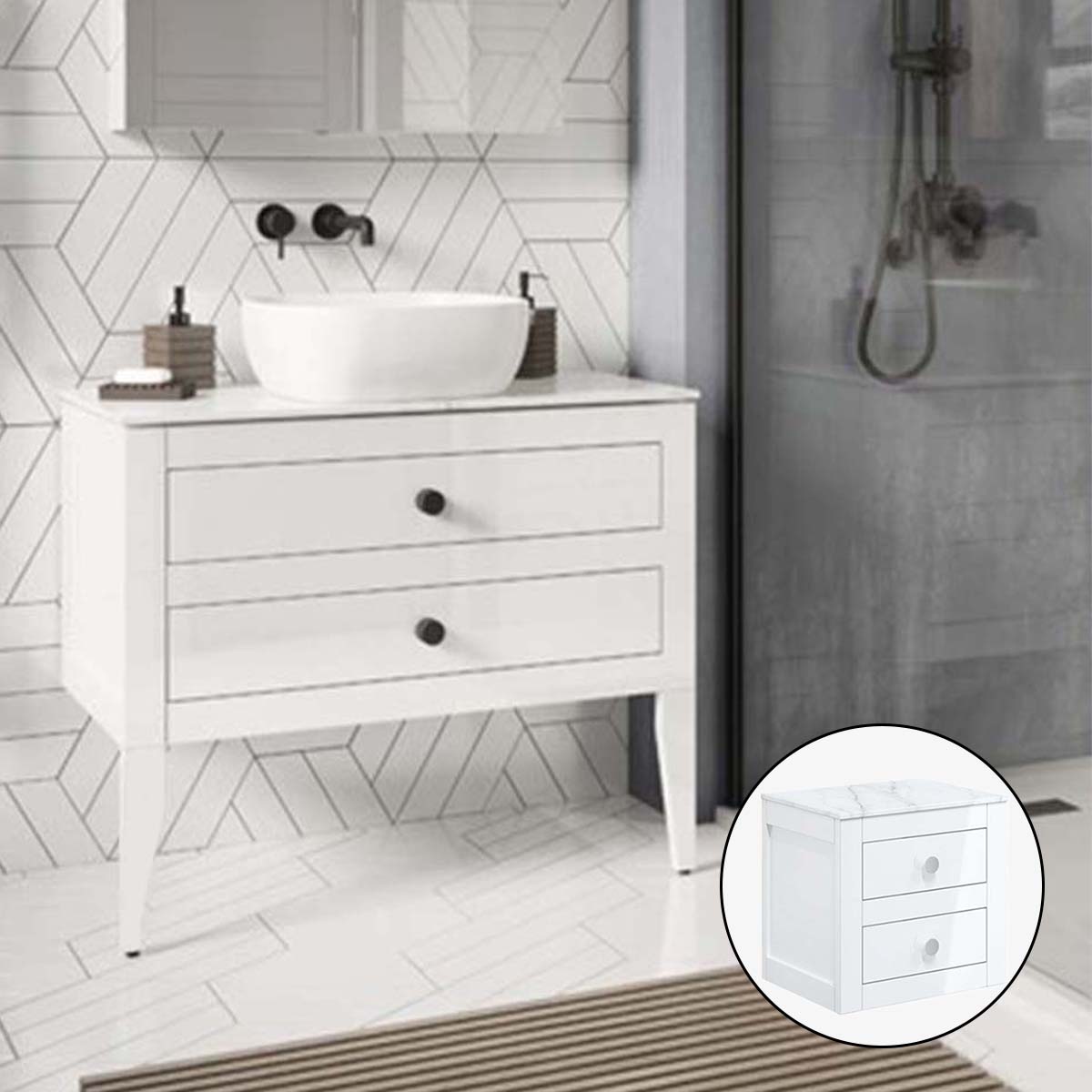 crosswater canvass 2 drawer wall hung vanity unit with carrara marble effect worktop white gloss lifestyle Close