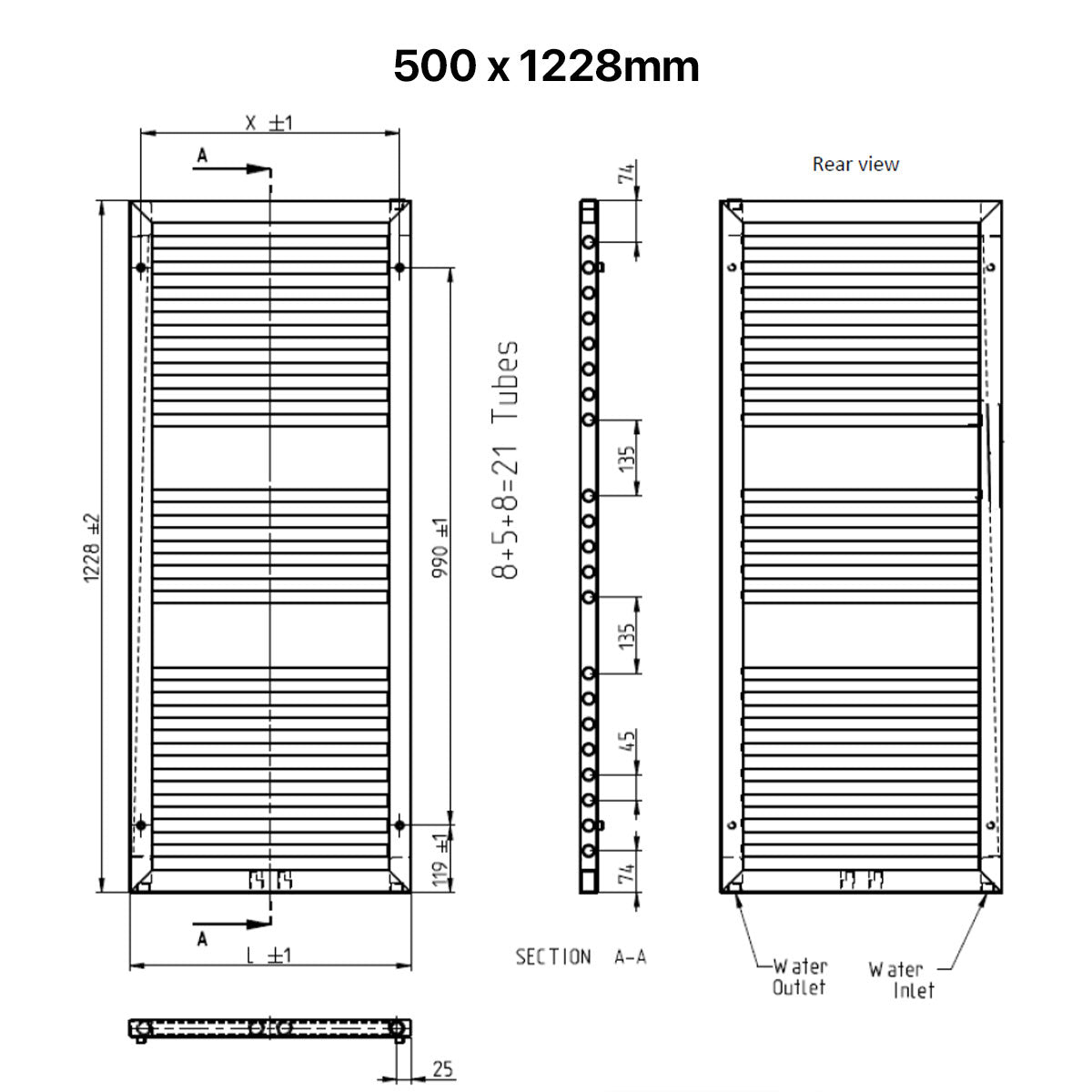 Crosswater Infinity Heated Towel Rail 500x1228 Dimensions