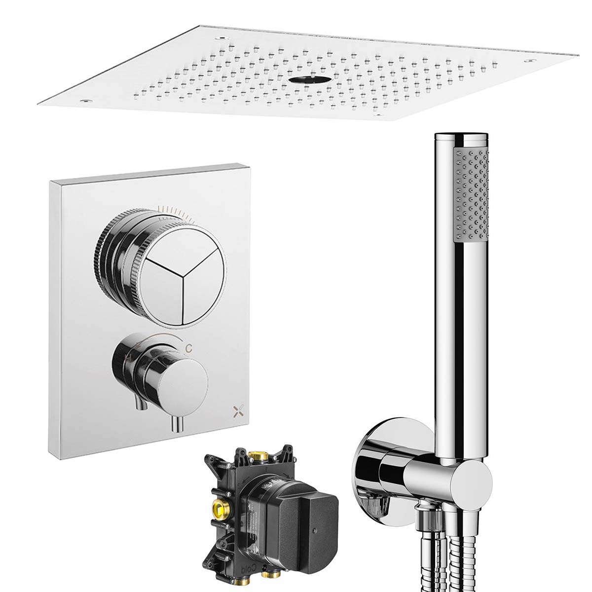 Crosswater MPRO 3 Outlet Push Button Thermostatic Shower Valve-With-Pencil-Handset and Fixed Overhead Chrome