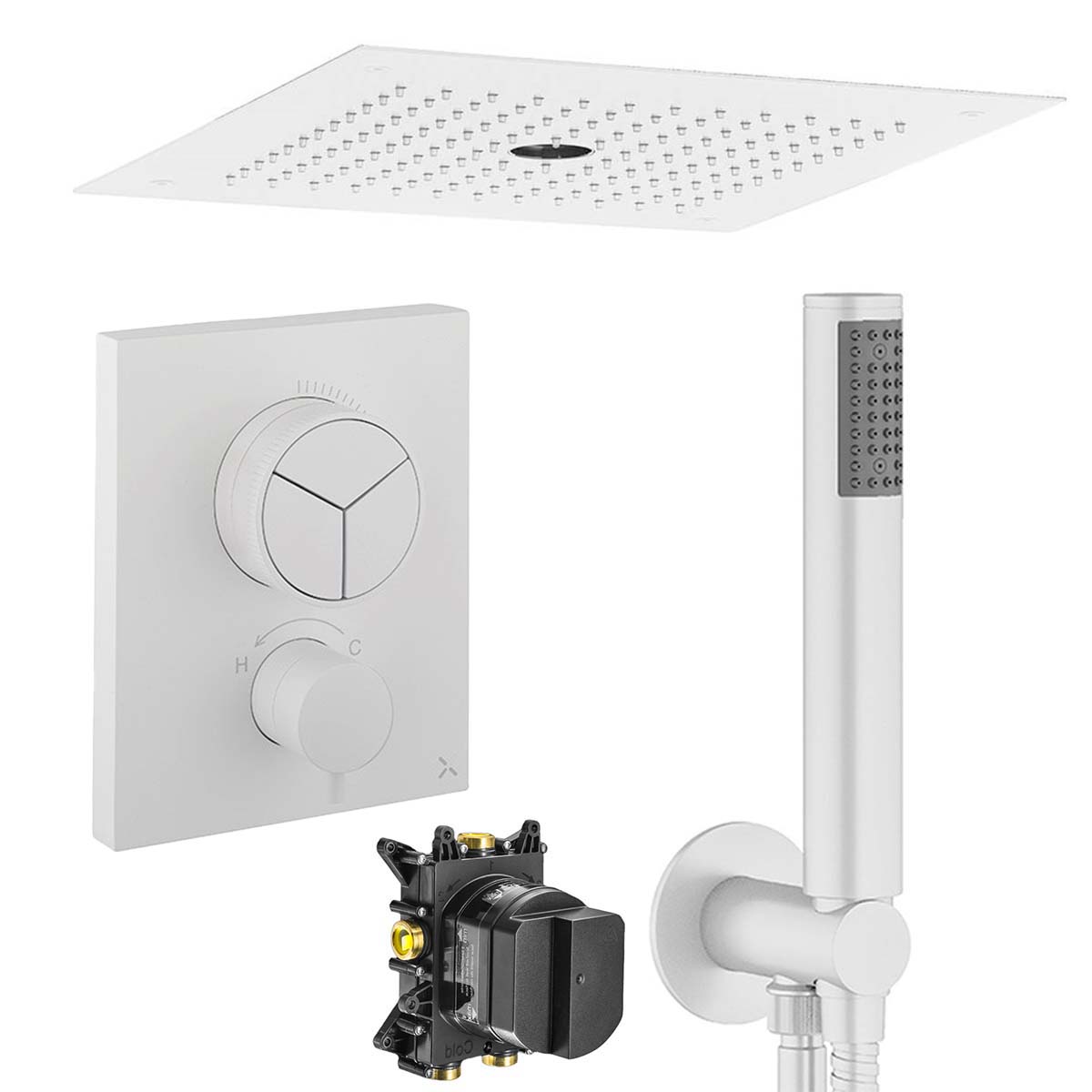 Crosswater MPRO 3 Outlet Push Button Thermostatic Shower Valve-With-Pencil-Handset and Fixed Overhead Matt White